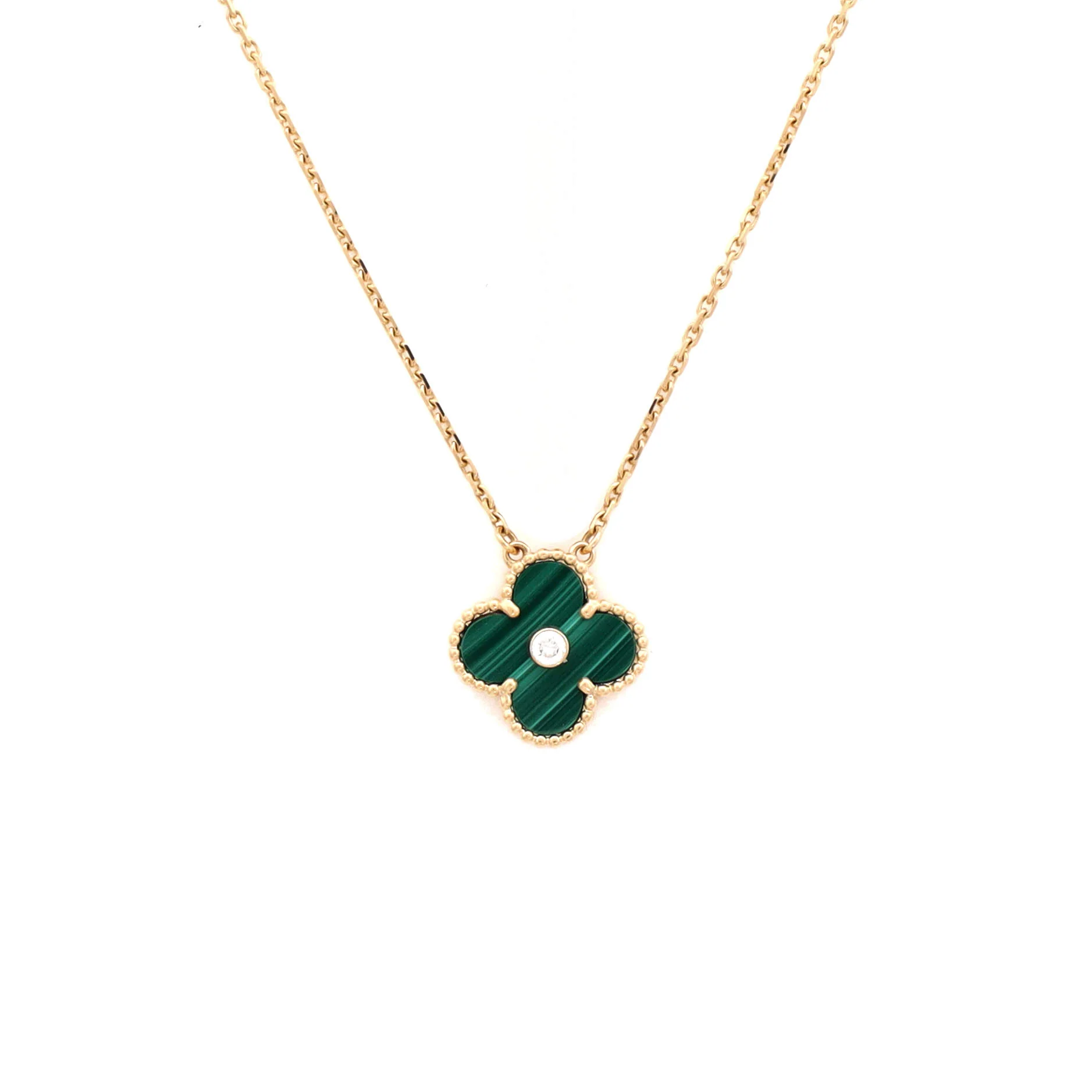 Vintage Alhambra Pendant Necklace 18K Yellow Gold and Malachite with Diamond