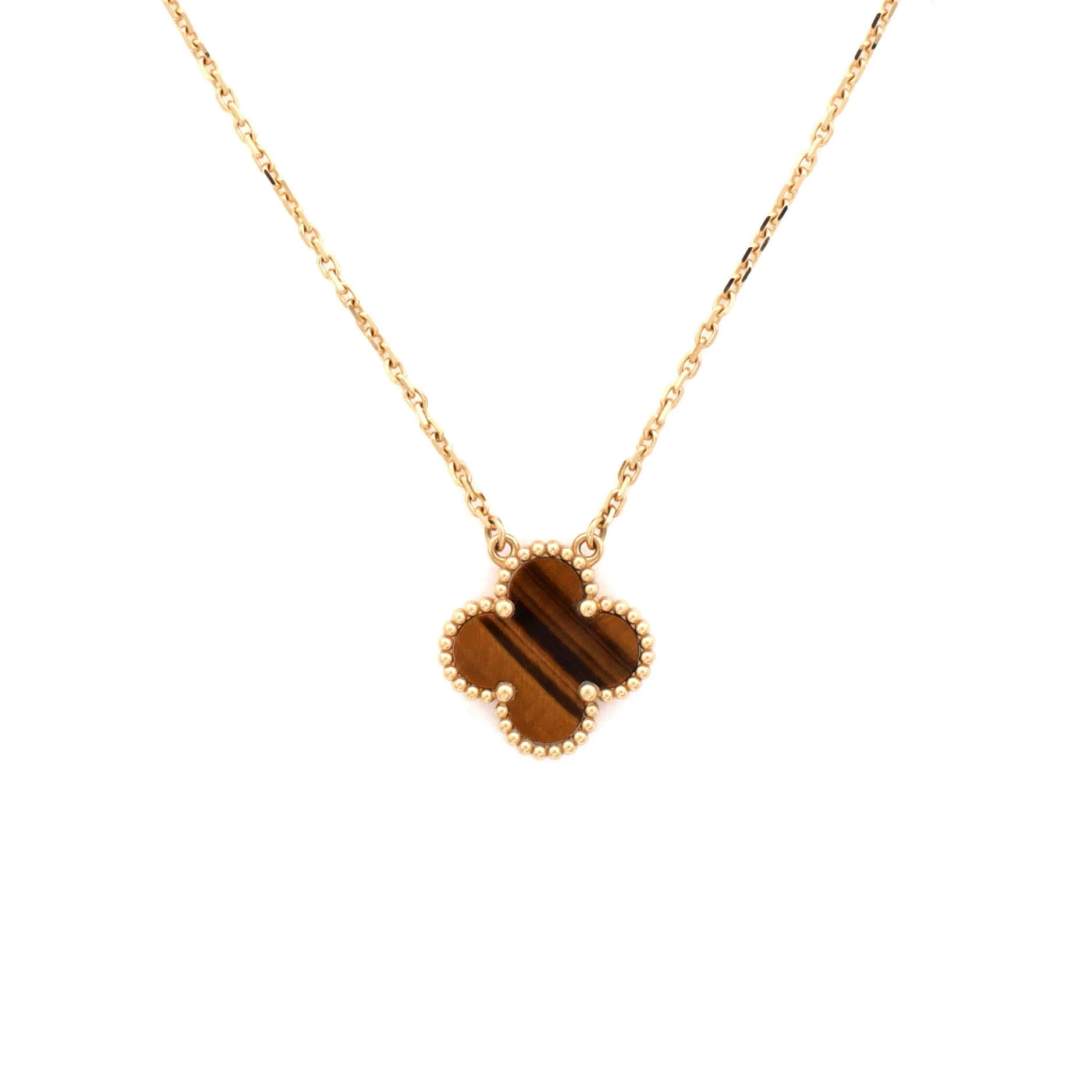 Vintage Alhambra Pendant Necklace 18K Yellow Gold and Tiger Eye