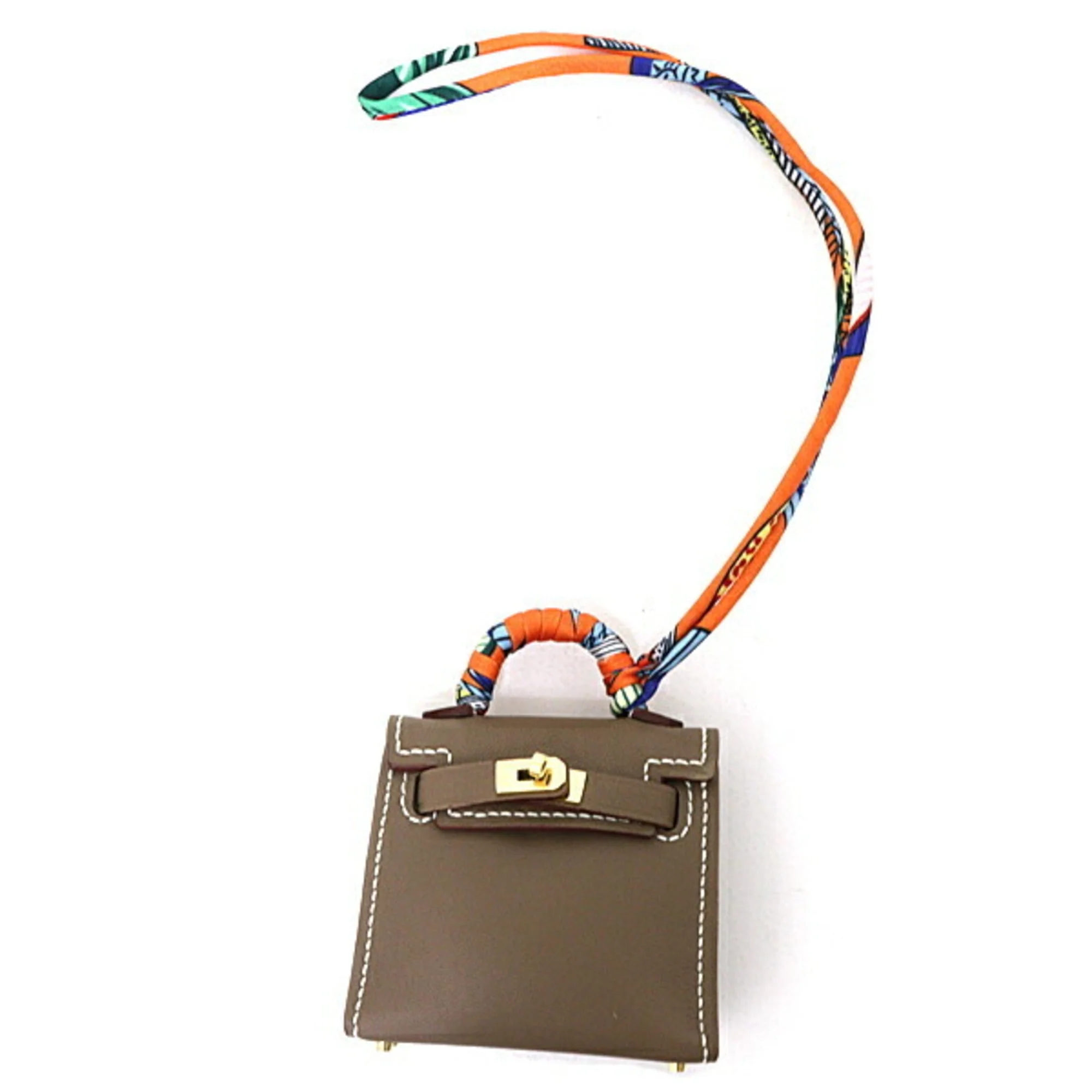 Charm Silk and Tadelakt Leather Etoupe Gray and Orange Handbag Charm - Image 3