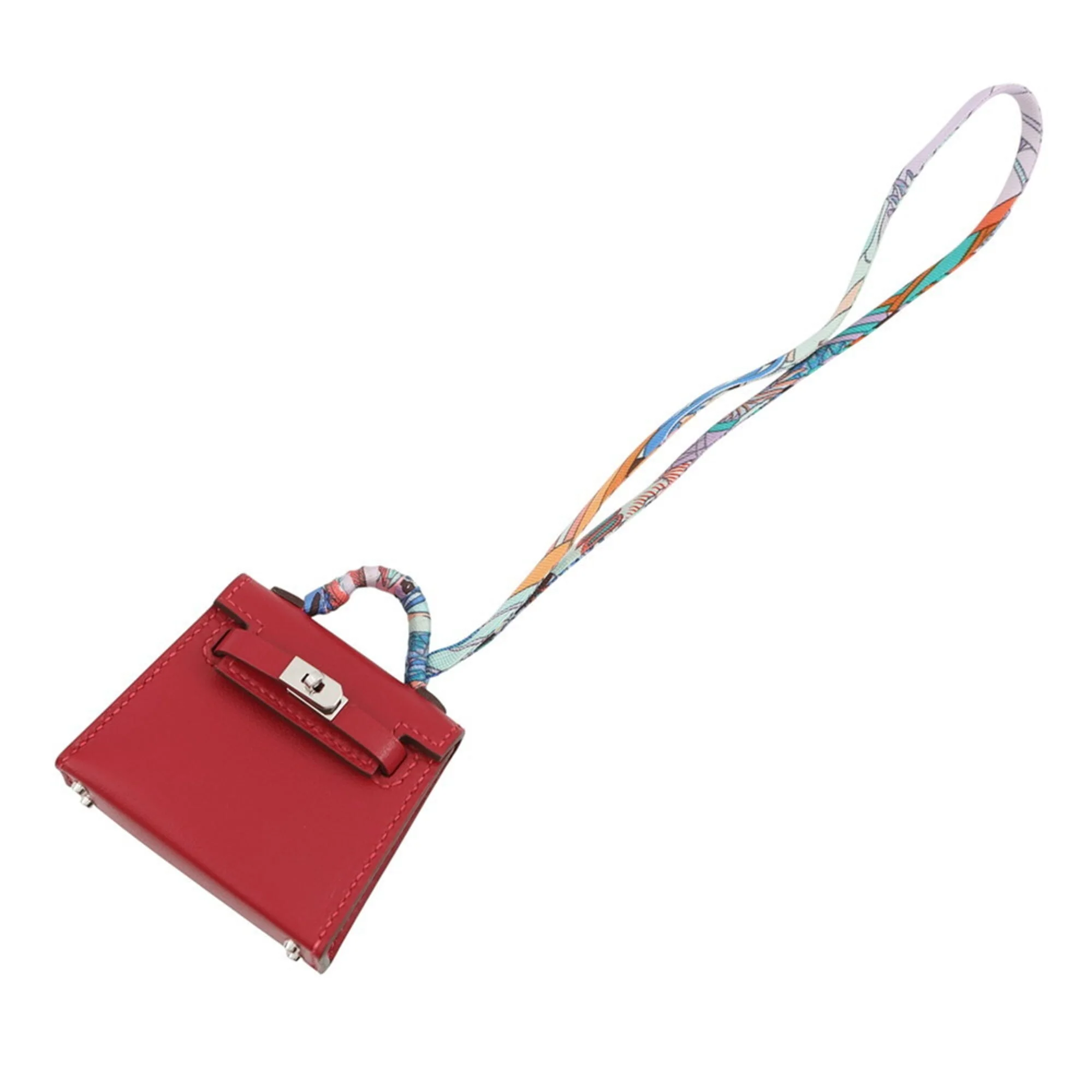 Kelly Twilly Charm Silk and Tadelakt Leather Rouge Vif Handbag Charm