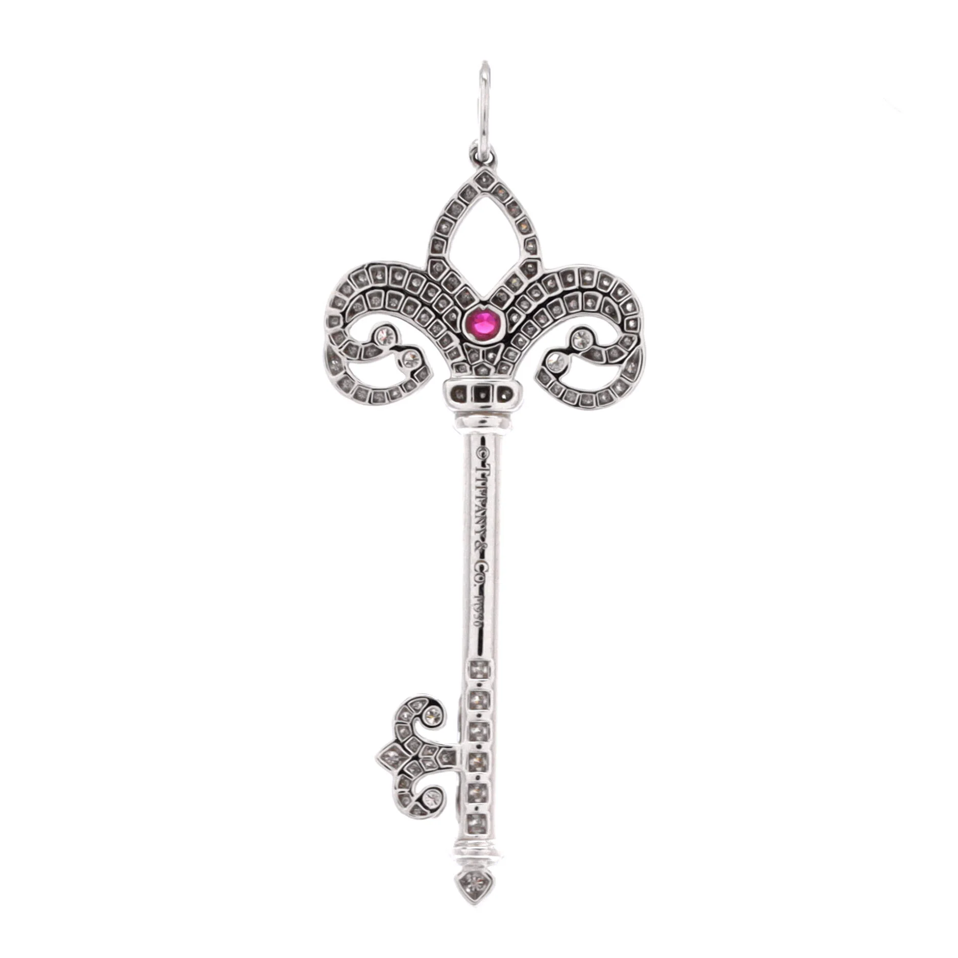 Enchanted Fleur De Lis Key Pendant Pendant & Charms Platinum with Pave Diamonds and Ruby Small - Image 3