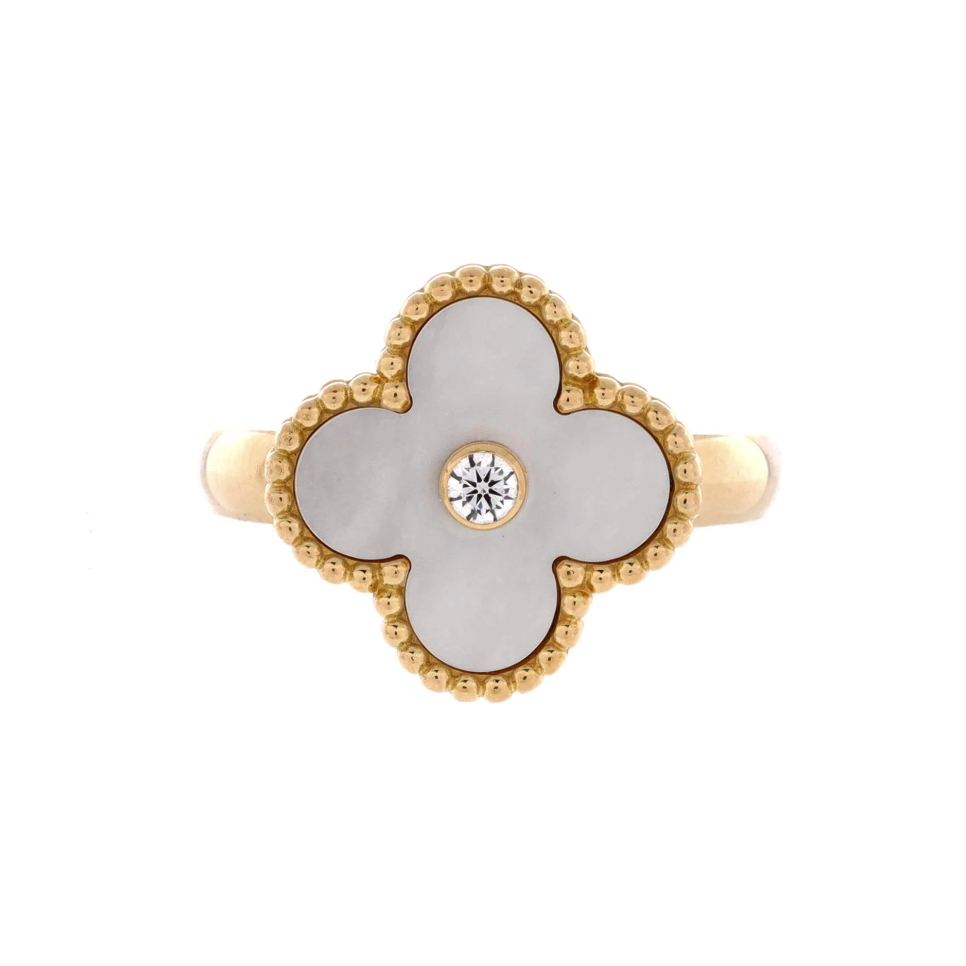 Vintage Alhambra Ring 18K Yellow Gold with Mother of Pearl and Diamond
