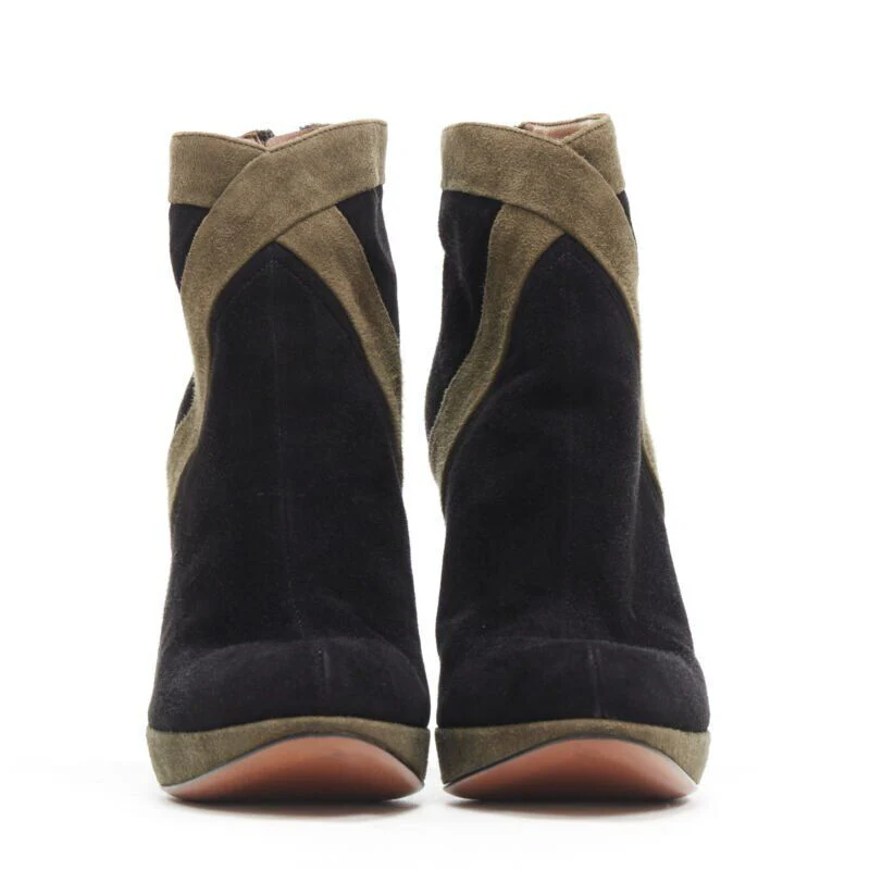 Women's ALAIA black green suede leather crossover platform high heel ankle bootie EU36 - Image 3