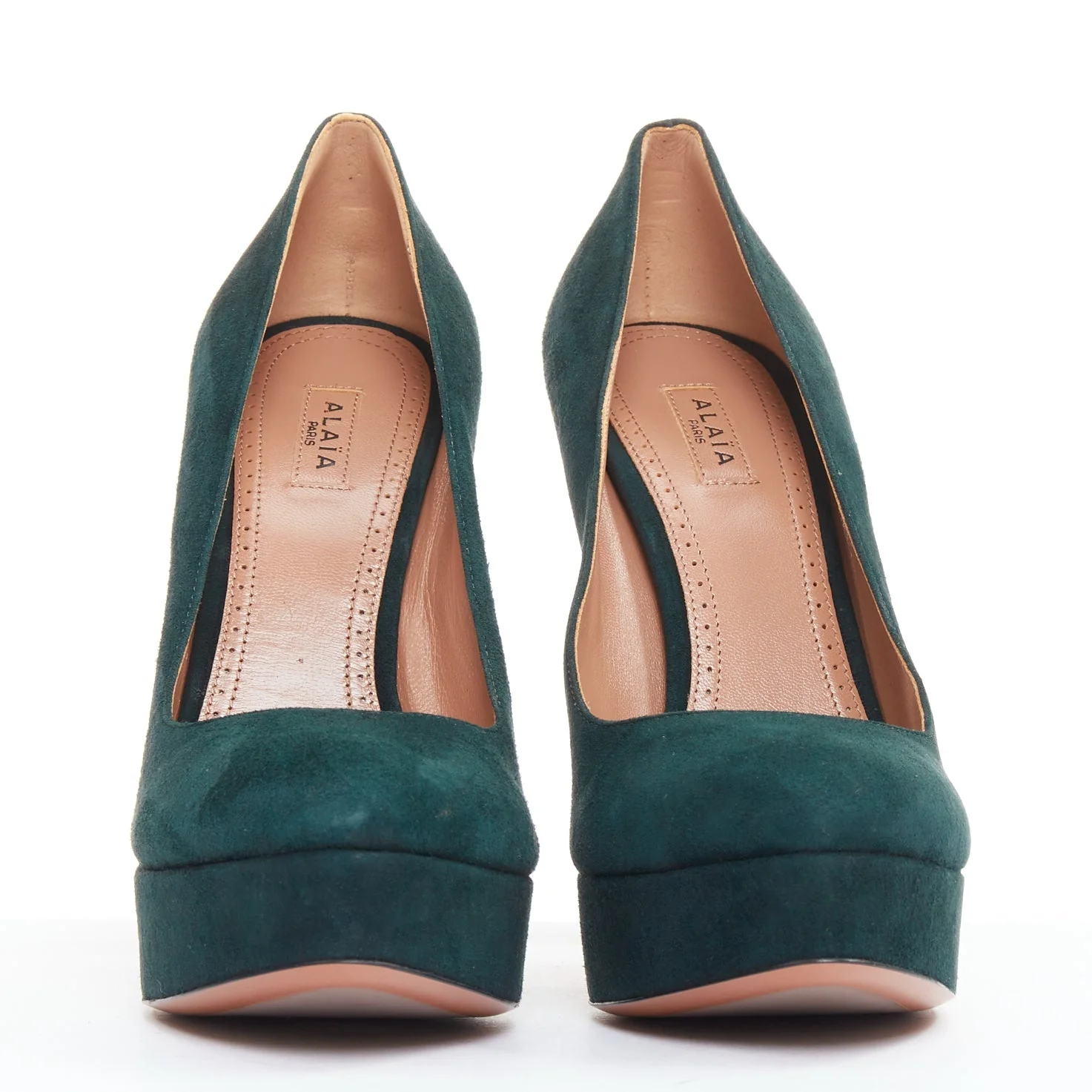 Women's ALAIA forest green suede almond toe platform pumps EU37.5 - Image 3