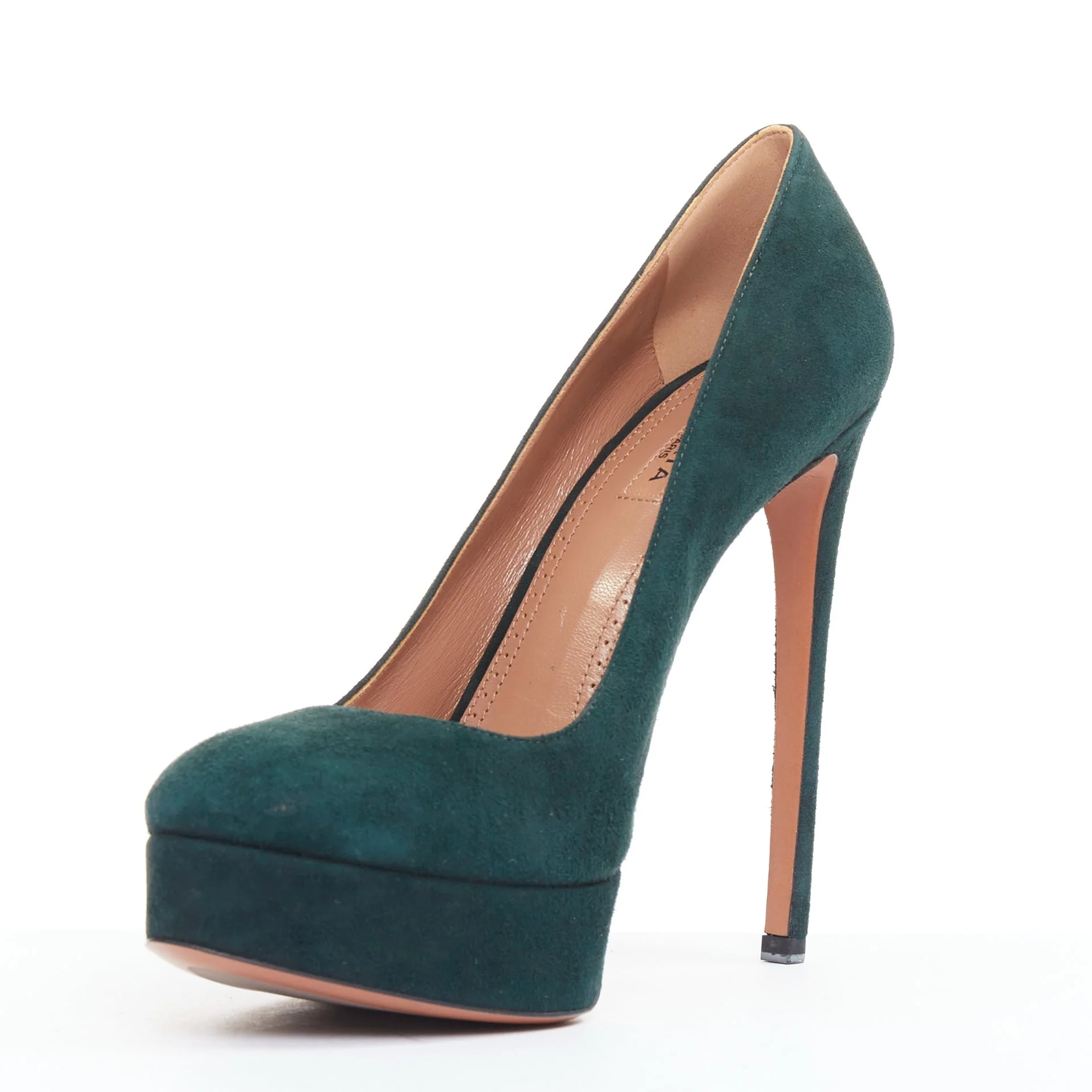 Women's ALAIA forest green suede almond toe platform pumps EU37.5 - Image 4