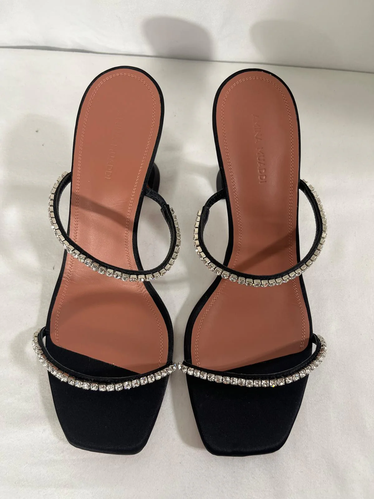 Women's Amina Muaddi Gilda Embellished Slip-On Heeled Sandals in Black Satin - Image 10