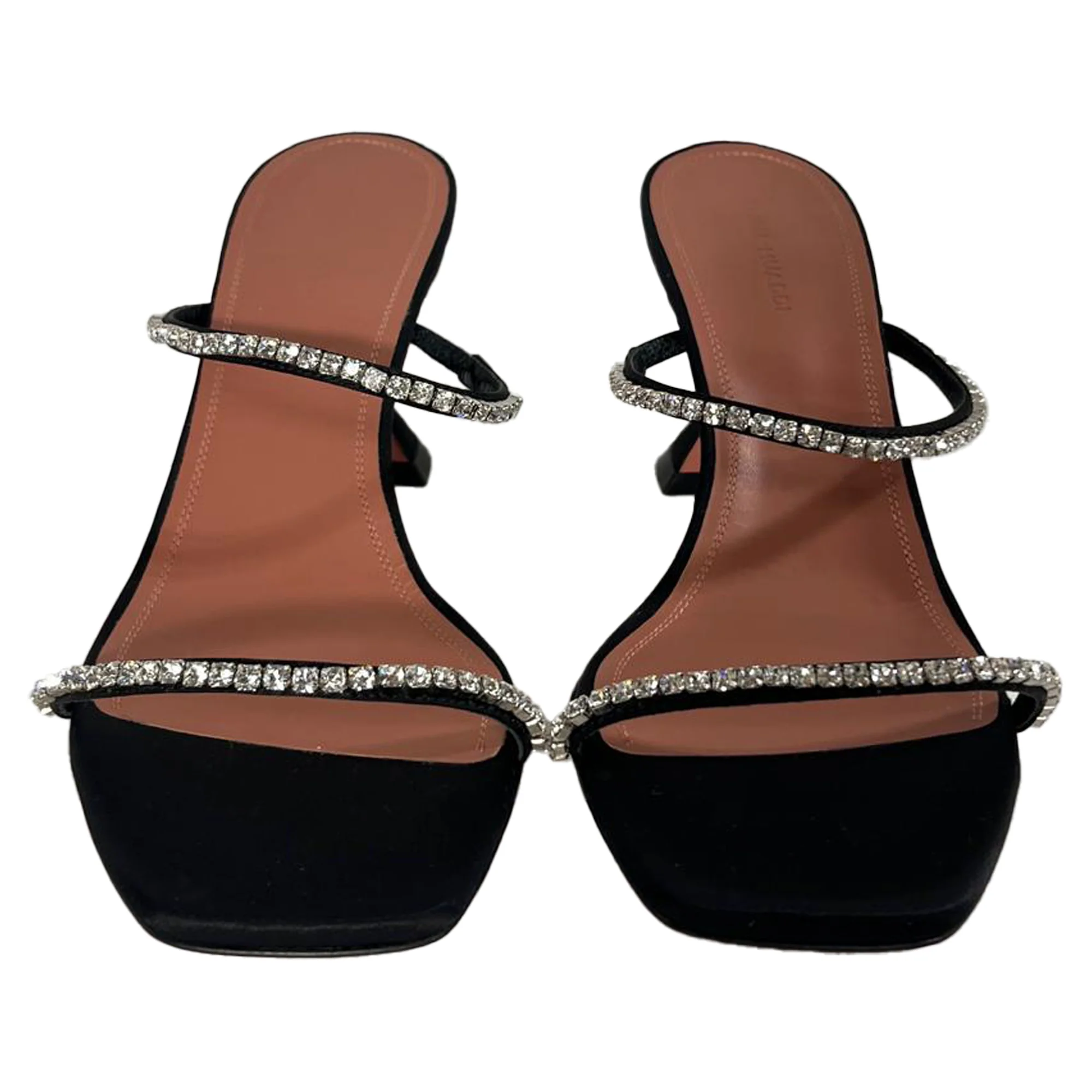 Women's Amina Muaddi Gilda Embellished Slip-On Heeled Sandals in Black Satin - Image 6