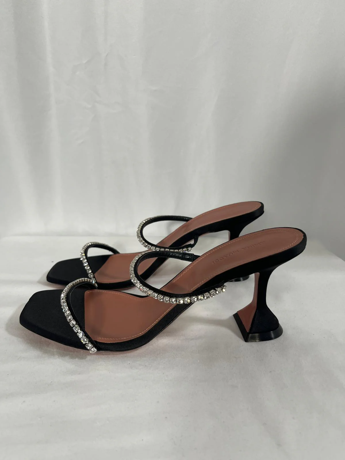 Women's Amina Muaddi Gilda Embellished Slip-On Heeled Sandals in Black Satin - Image 8