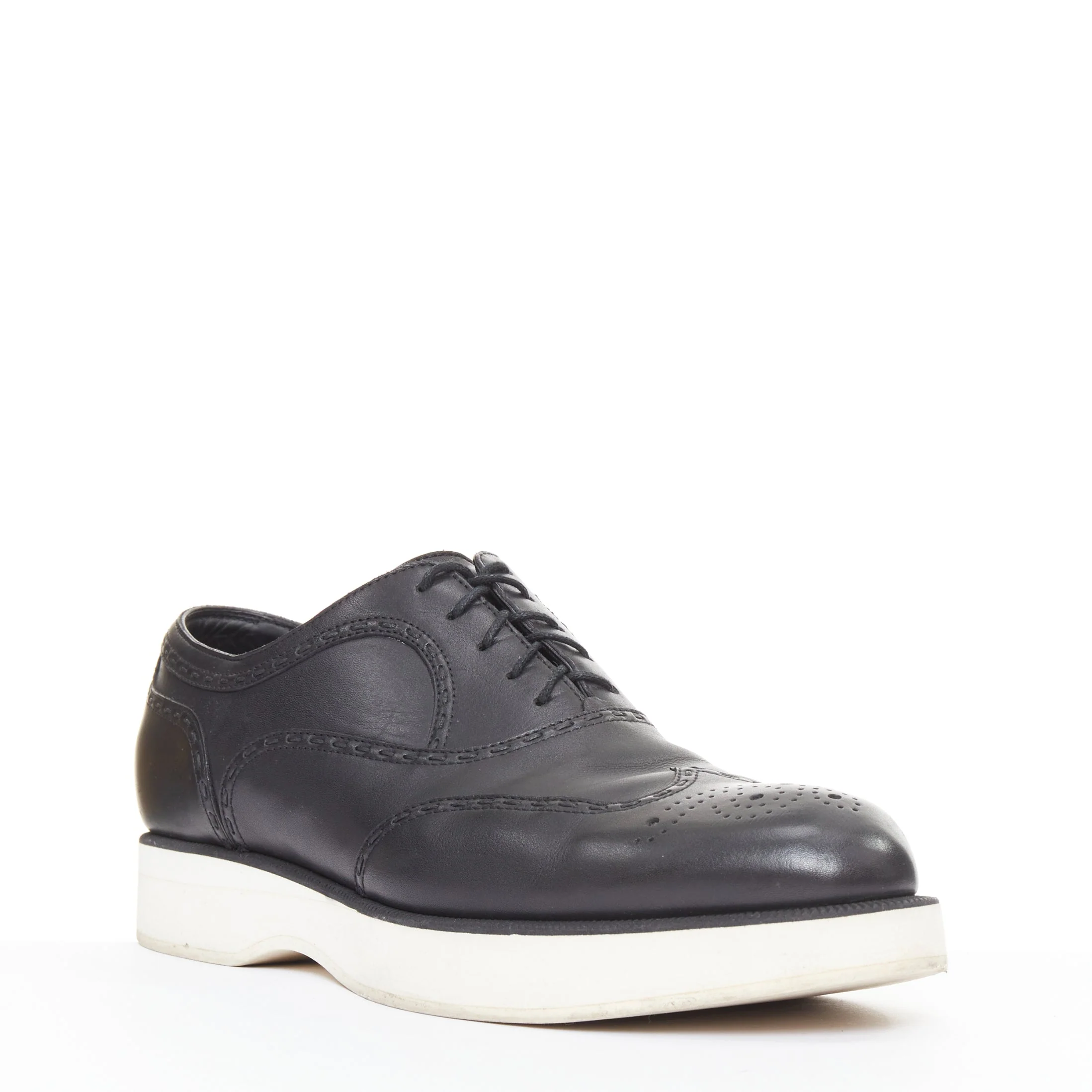 Men's BOTTEGA VENETA black leather white midsoles perforated platform brogue shoe EU43 - Image 2