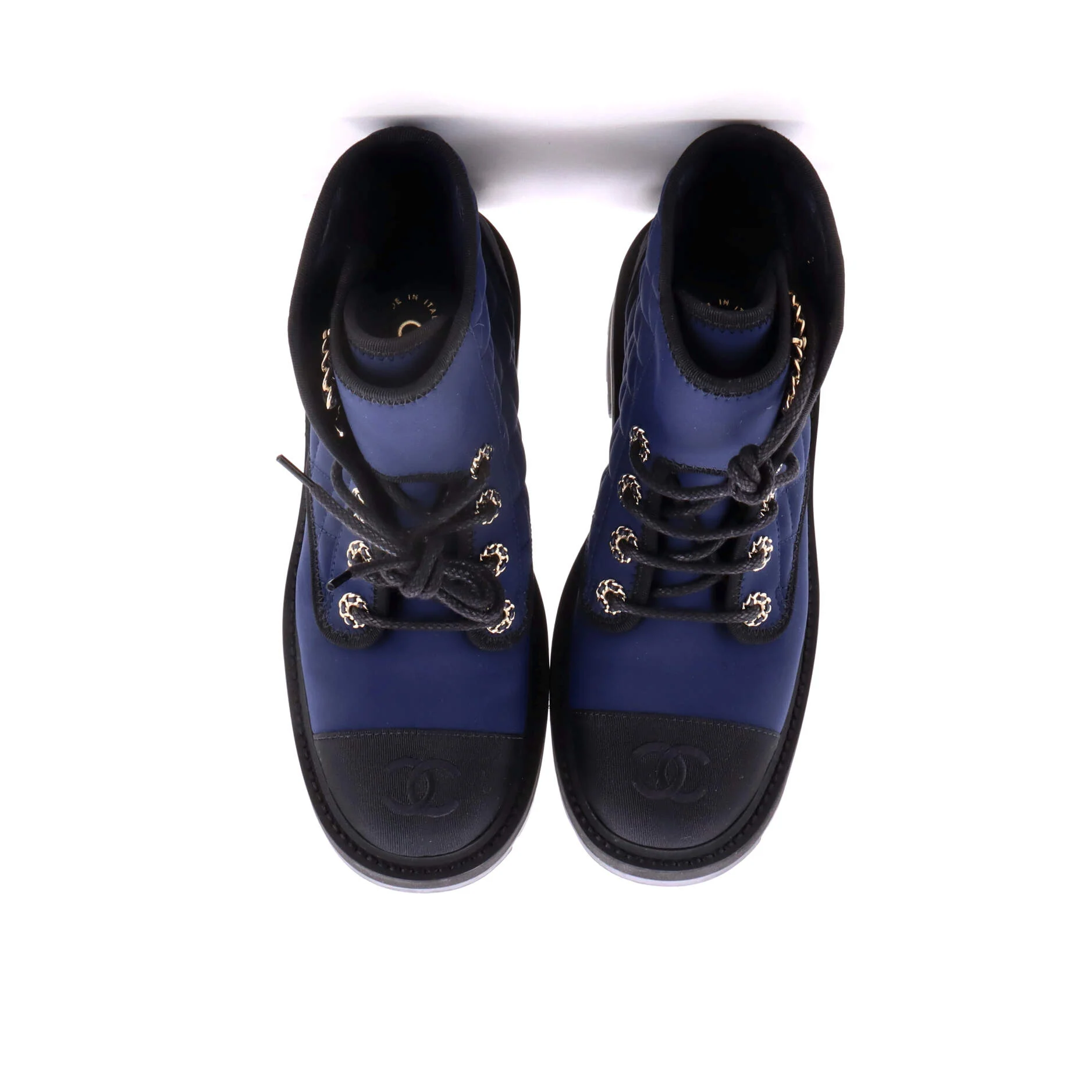 Women's Chain CC Cap Toe Lace Up Combat Boots Quilted Fabric and Grosgrain - Image 2