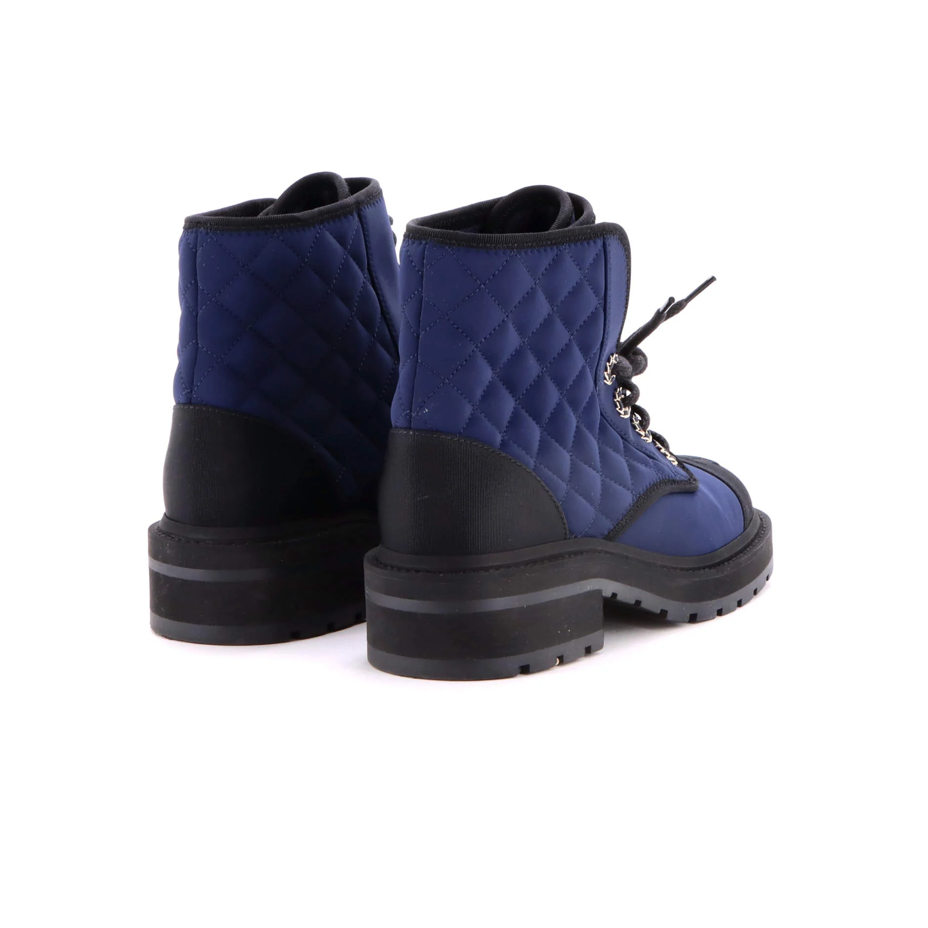 Women's Chain CC Cap Toe Lace Up Combat Boots Quilted Fabric and Grosgrain - Image 3