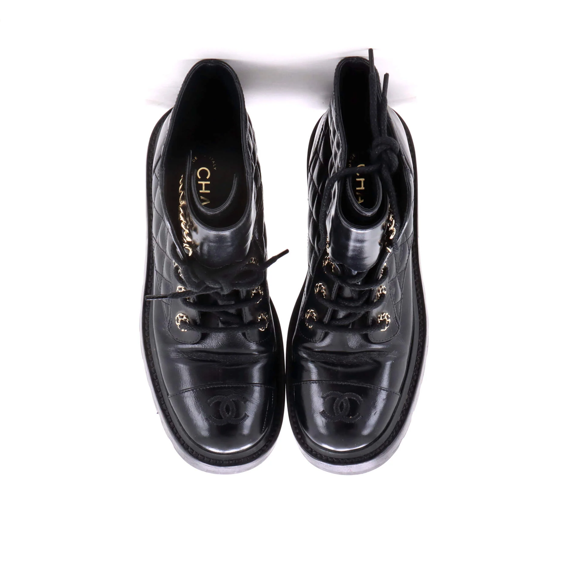 Women's Chain CC Cap Toe Lace Up Combat Boots Quilted Shiny Calfskin - Image 2