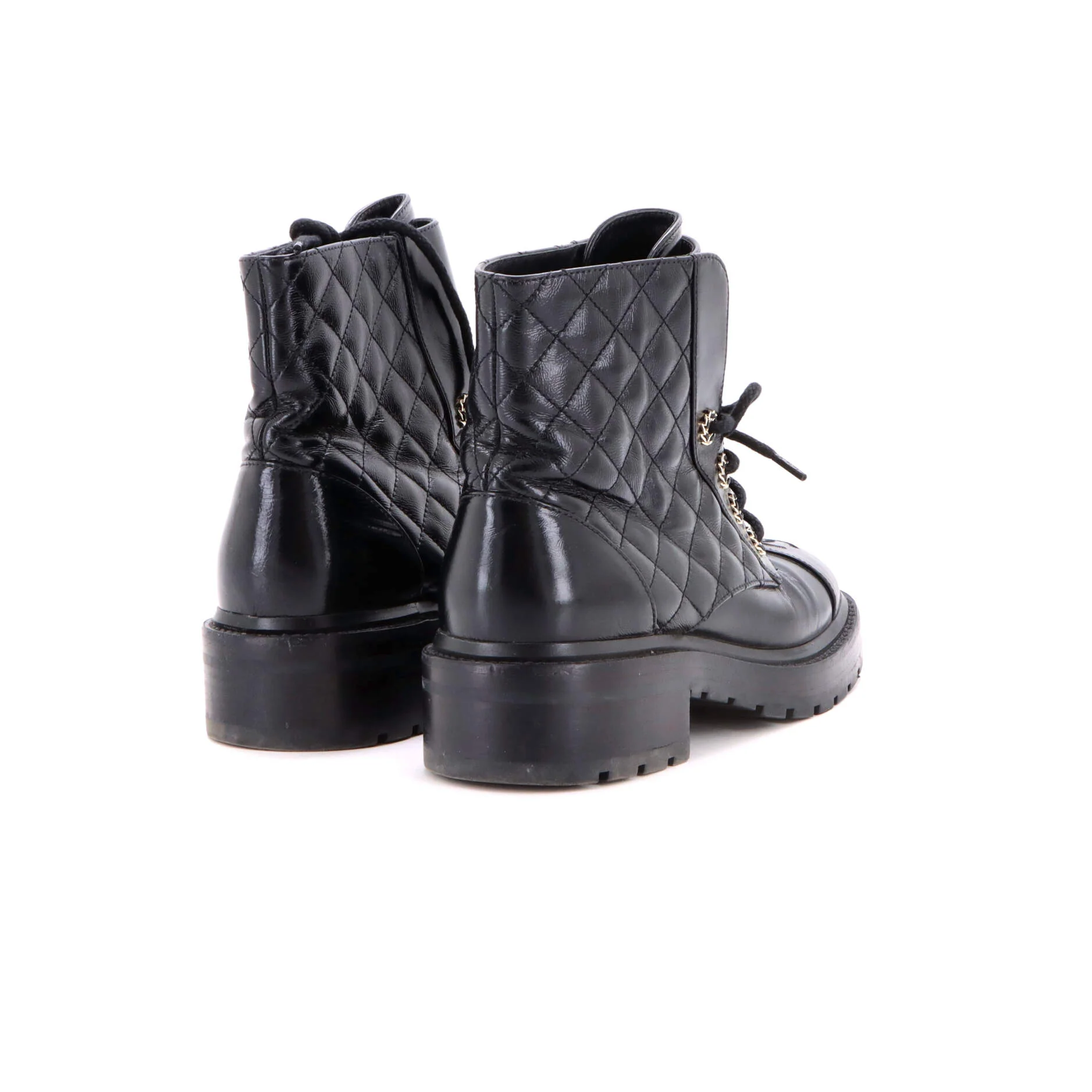 Women's Chain CC Cap Toe Lace Up Combat Boots Quilted Shiny Calfskin - Image 3