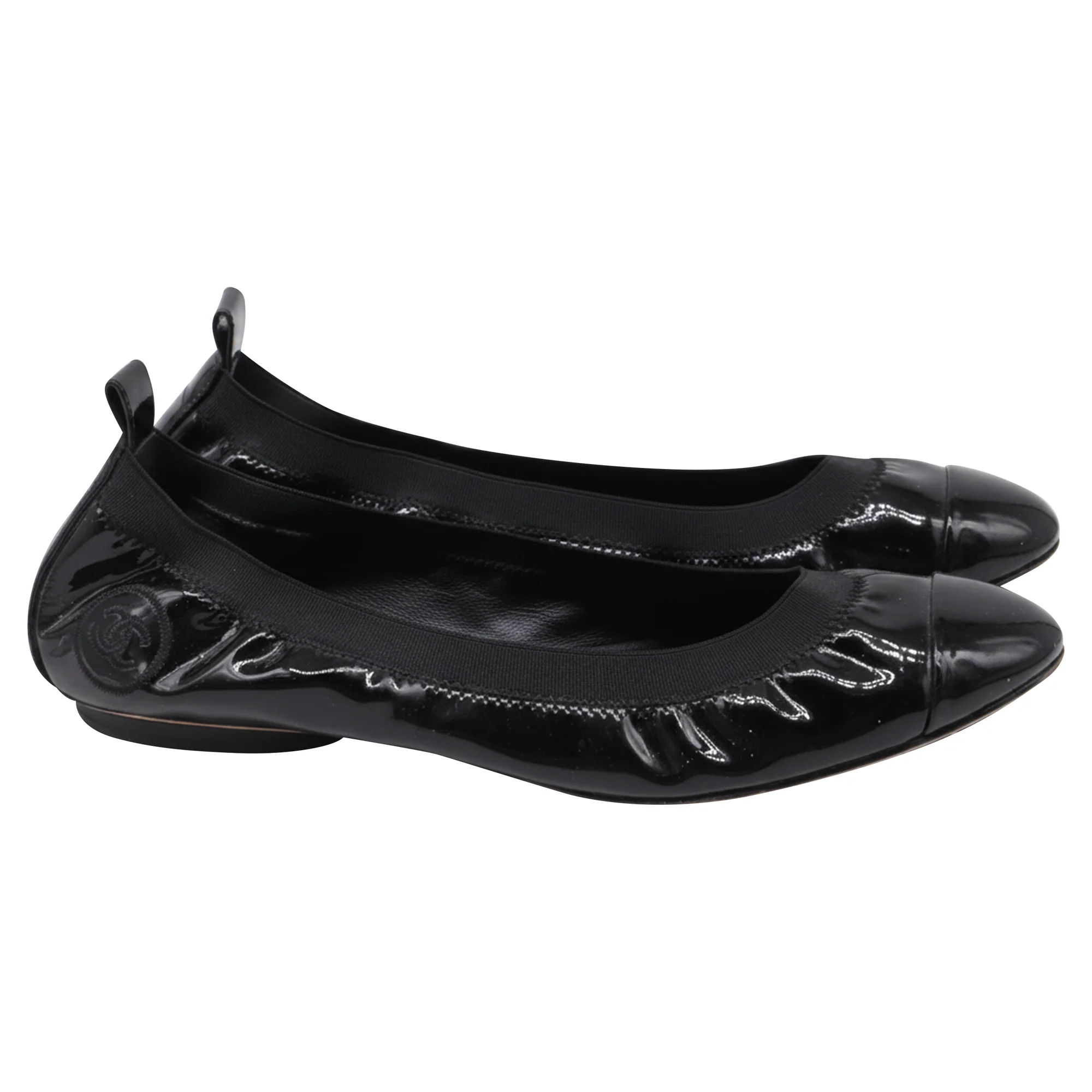 Women's Chanel CC Cap-Toe Ballet Flats in Black Patent Leather