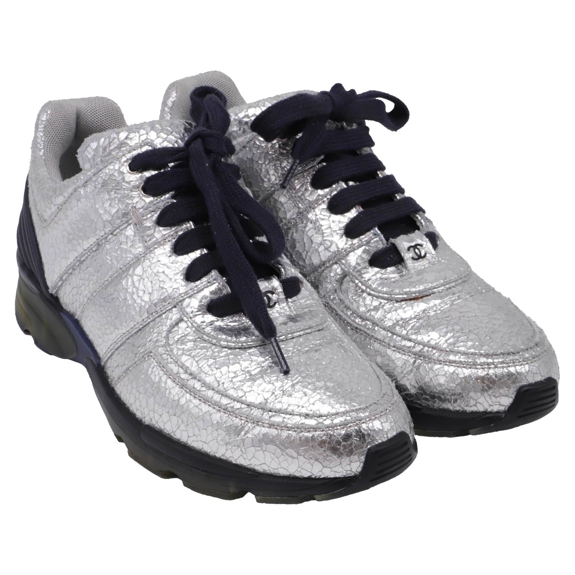 Women's Chanel CC Crackled Accent Sneakers in Metallic Silver Calf Leather - Image 3