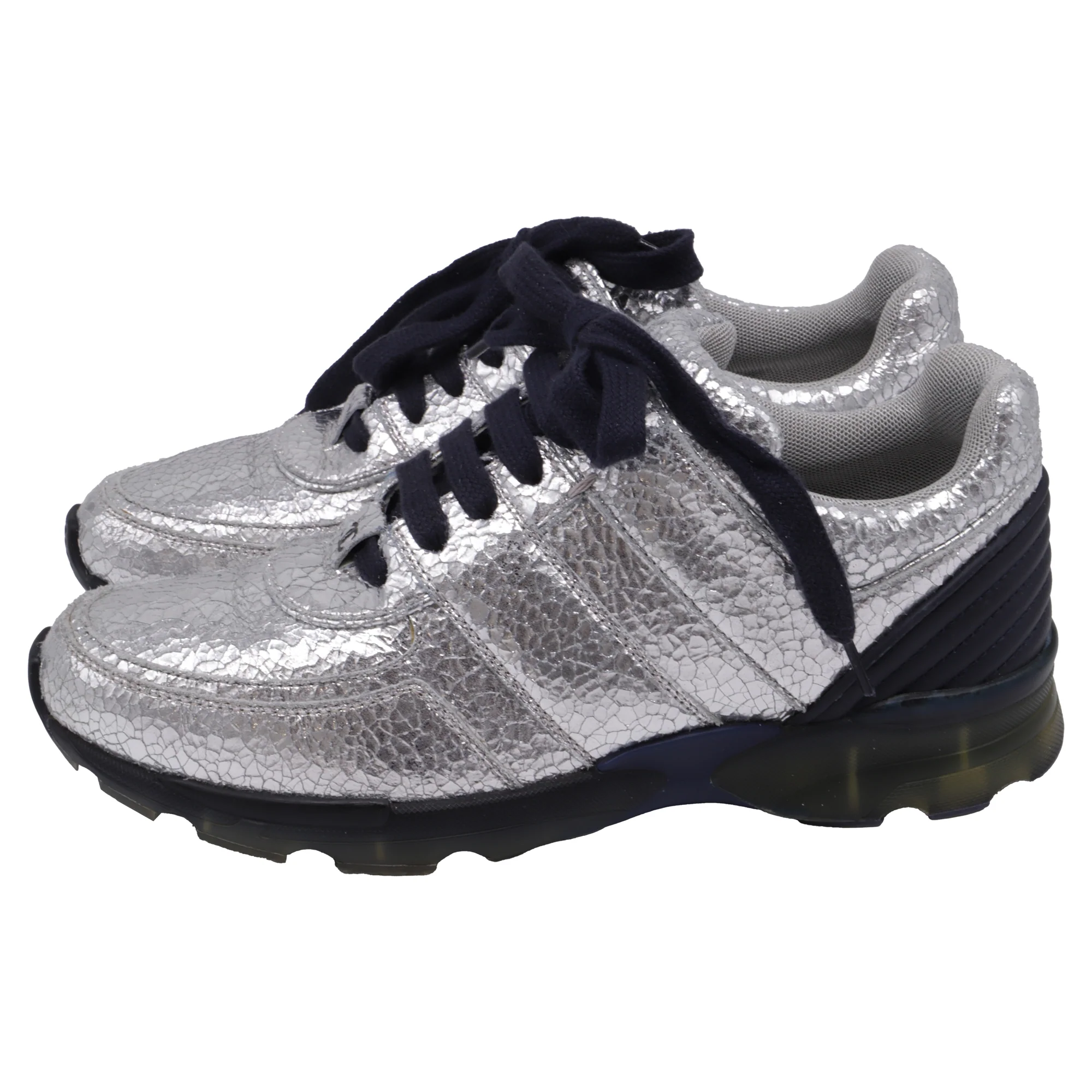 Women's Chanel CC Crackled Accent Sneakers in Metallic Silver Calf Leather - Image 4