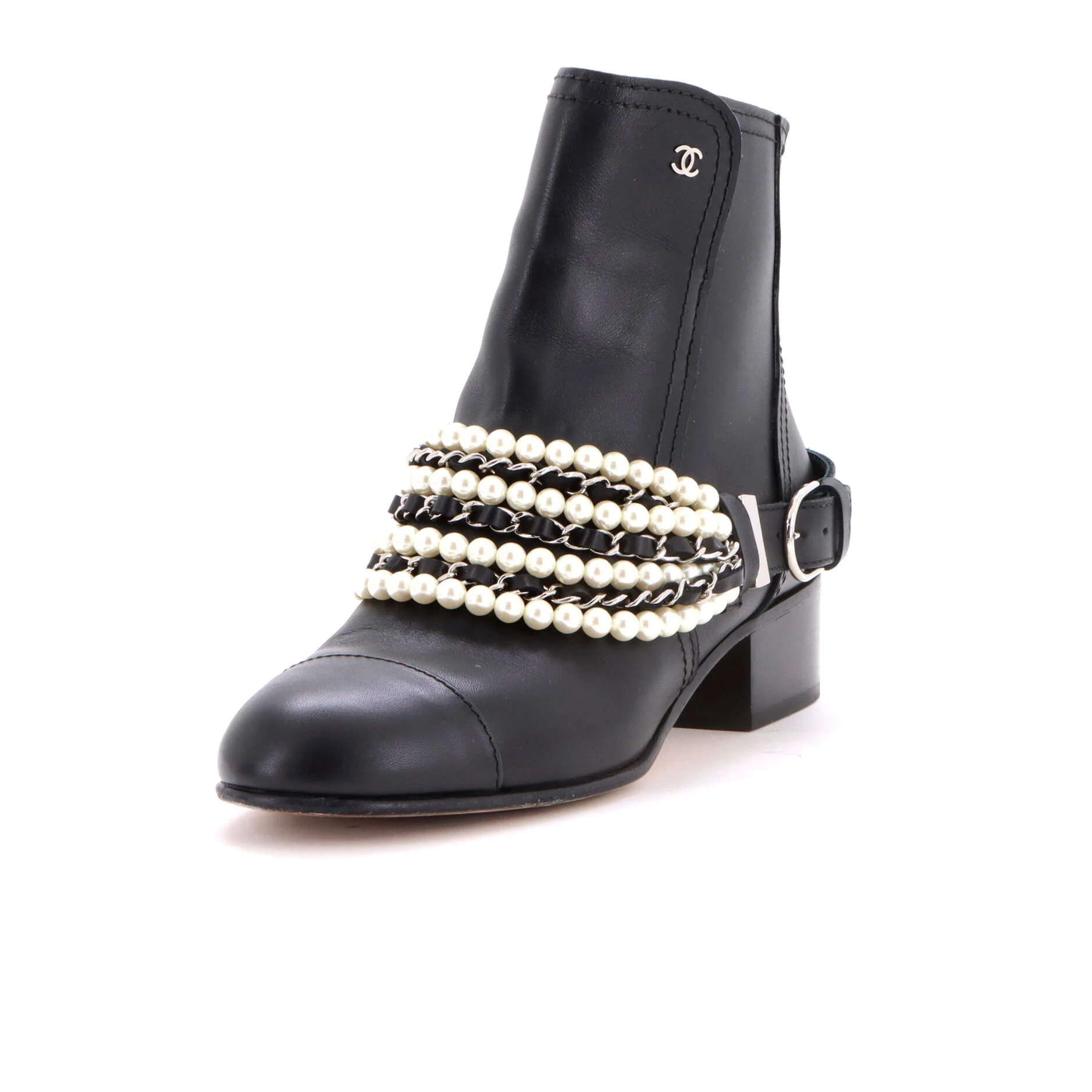 Women's Pearl Chain Strap Ankle Boots Leather