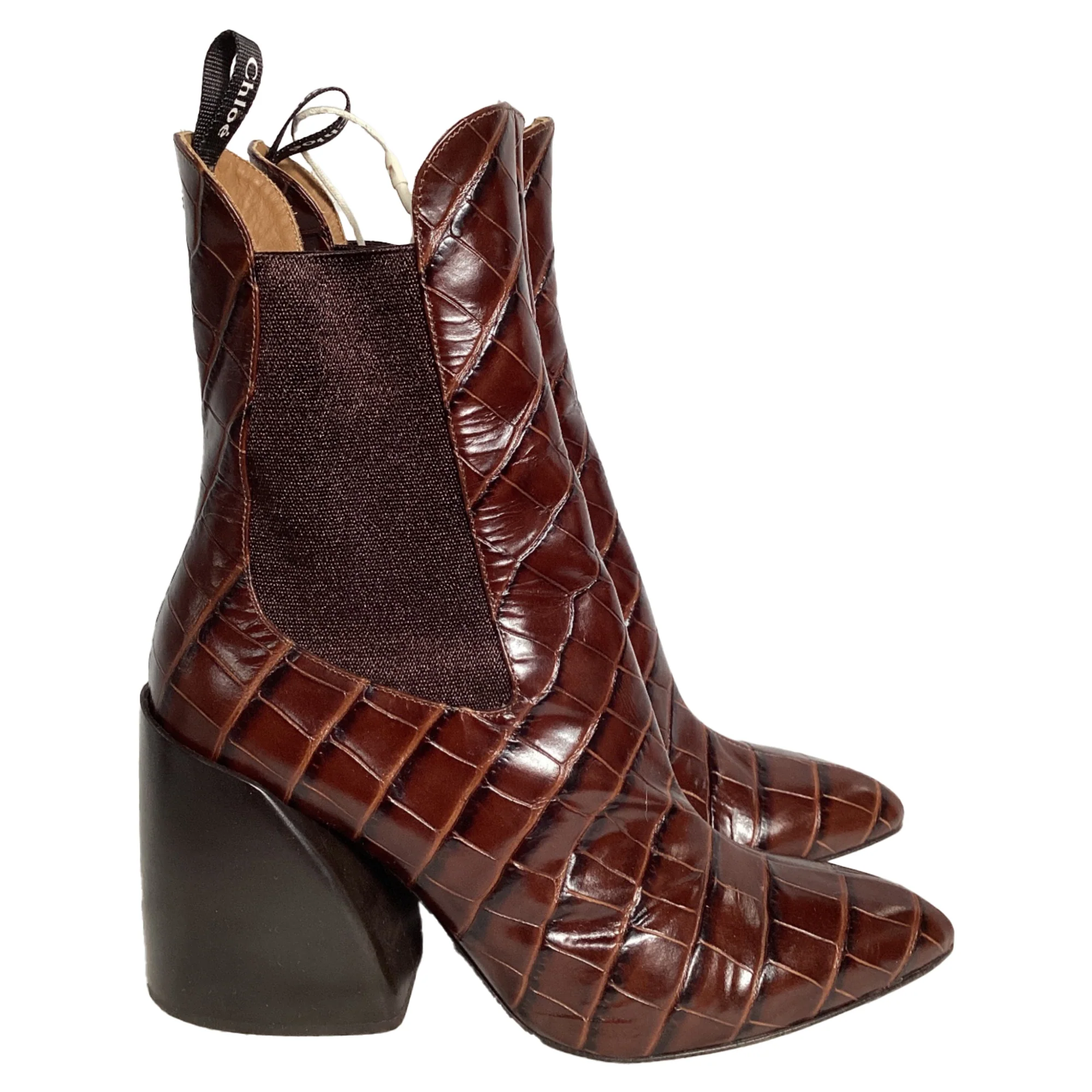 Women's Chloé Wave Crocodile-Embossed Ankle Boots in Brown Leather