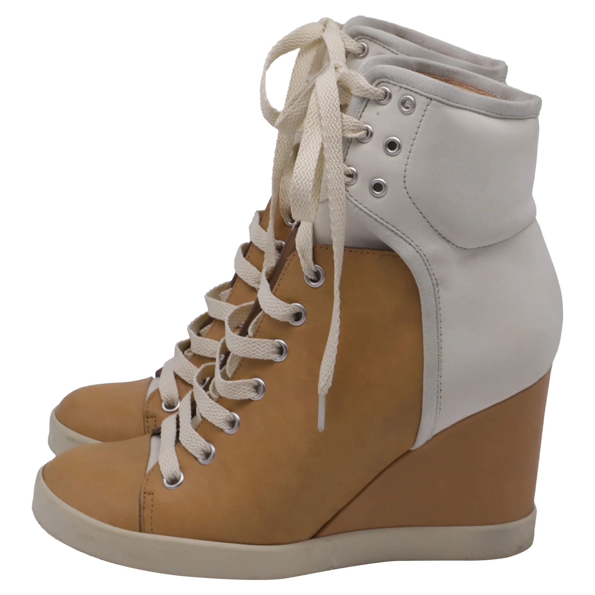 Women's  See by Chloé High-Top Wedge Sneakers in Brown and White Leather - Image 4