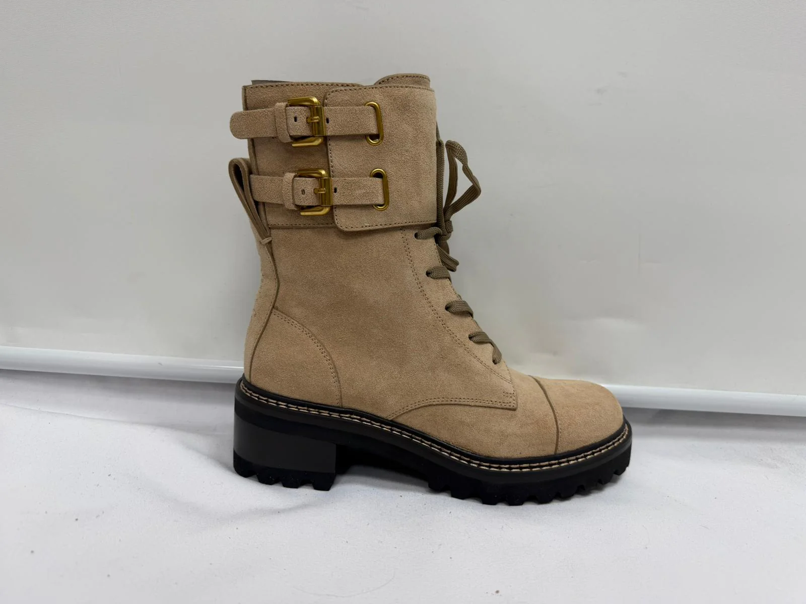 Women's See by Chloé Mallory Combat Ankle Boots in Beige Suede - Image 10
