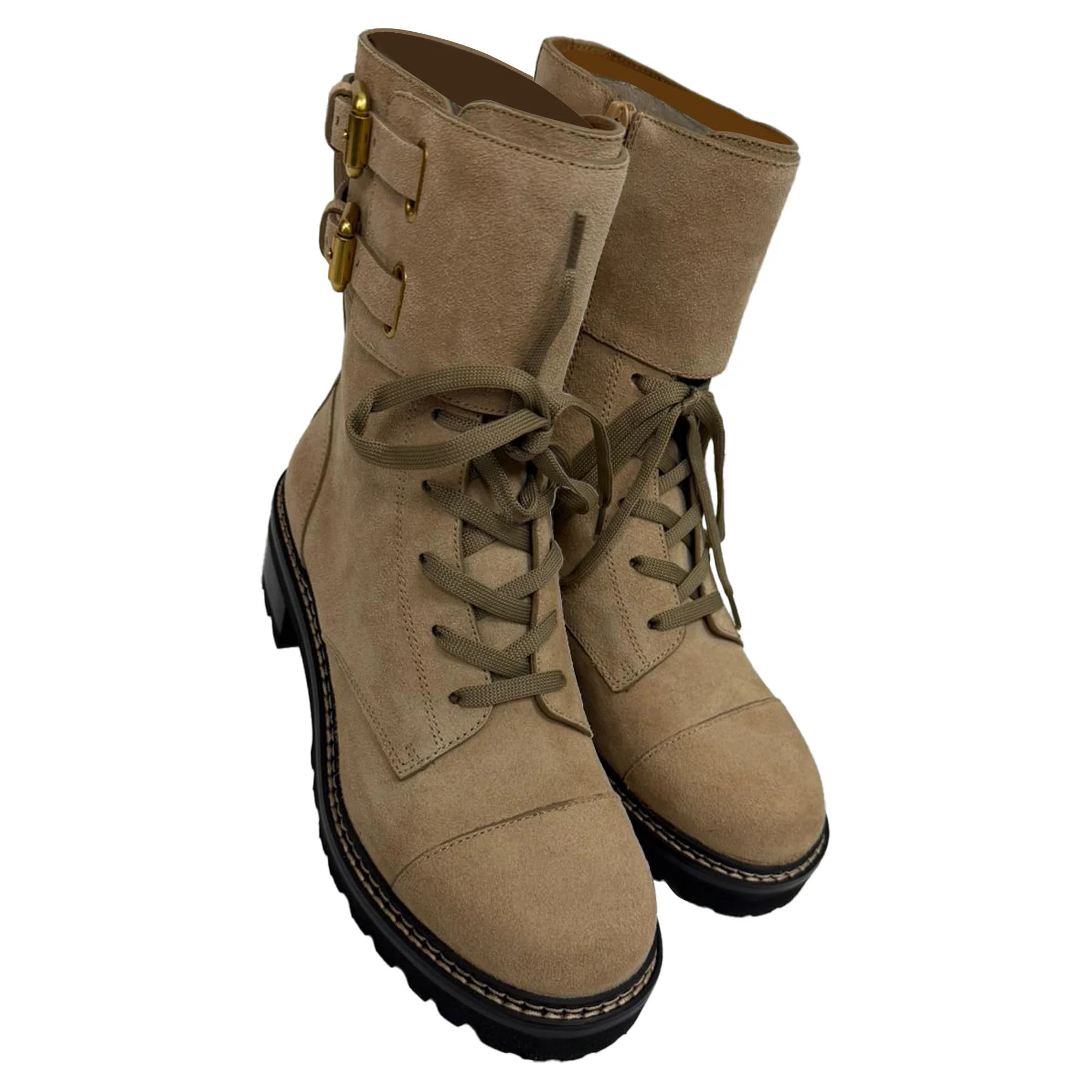 Women's See by Chloé Mallory Combat Ankle Boots in Beige Suede - Image 5