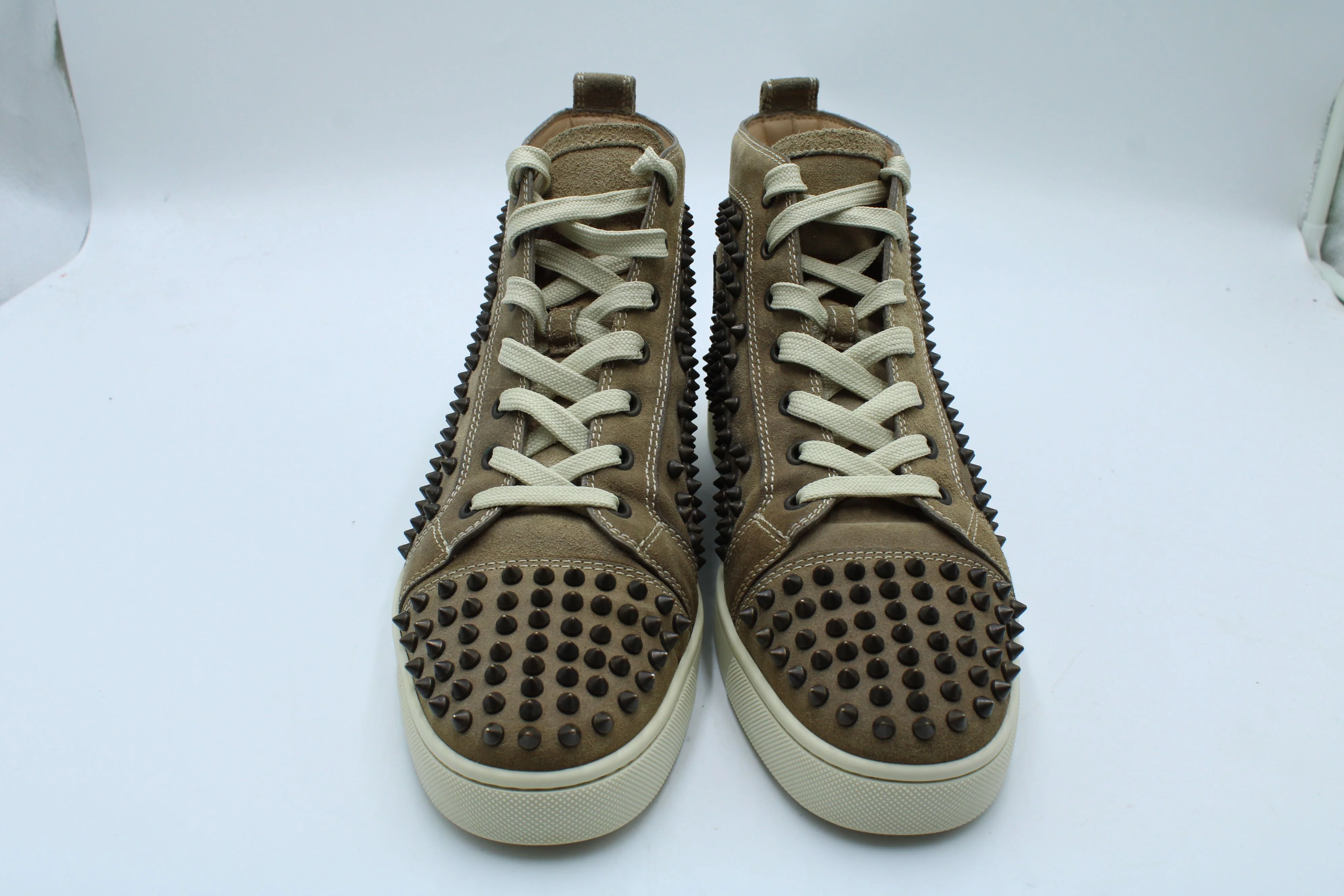 Men's Christian Louboutin Louis Spikes High-Top Sneakers in Brown Leather - Image 10