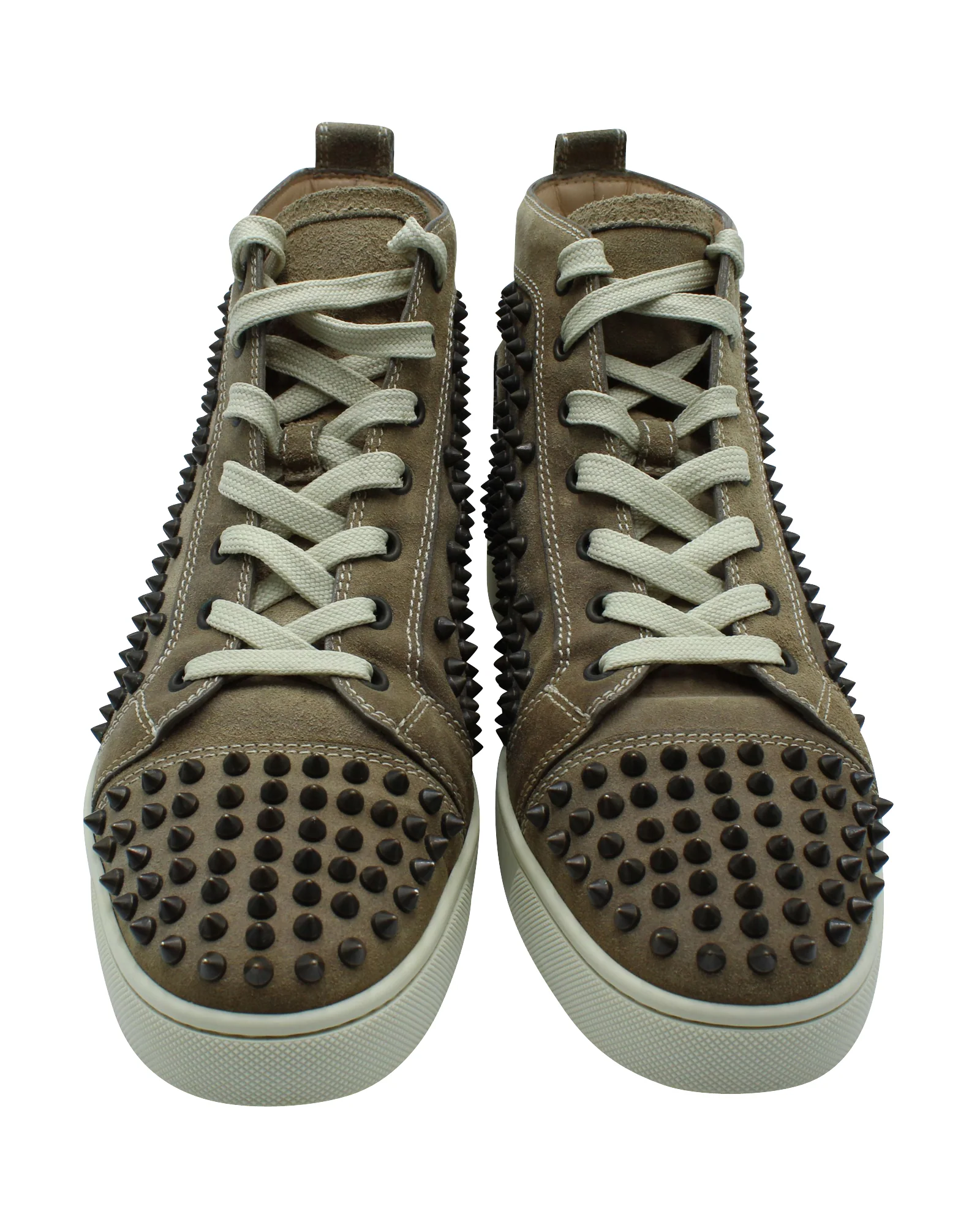 Men's Christian Louboutin Louis Spikes High-Top Sneakers in Brown Leather - Image 2