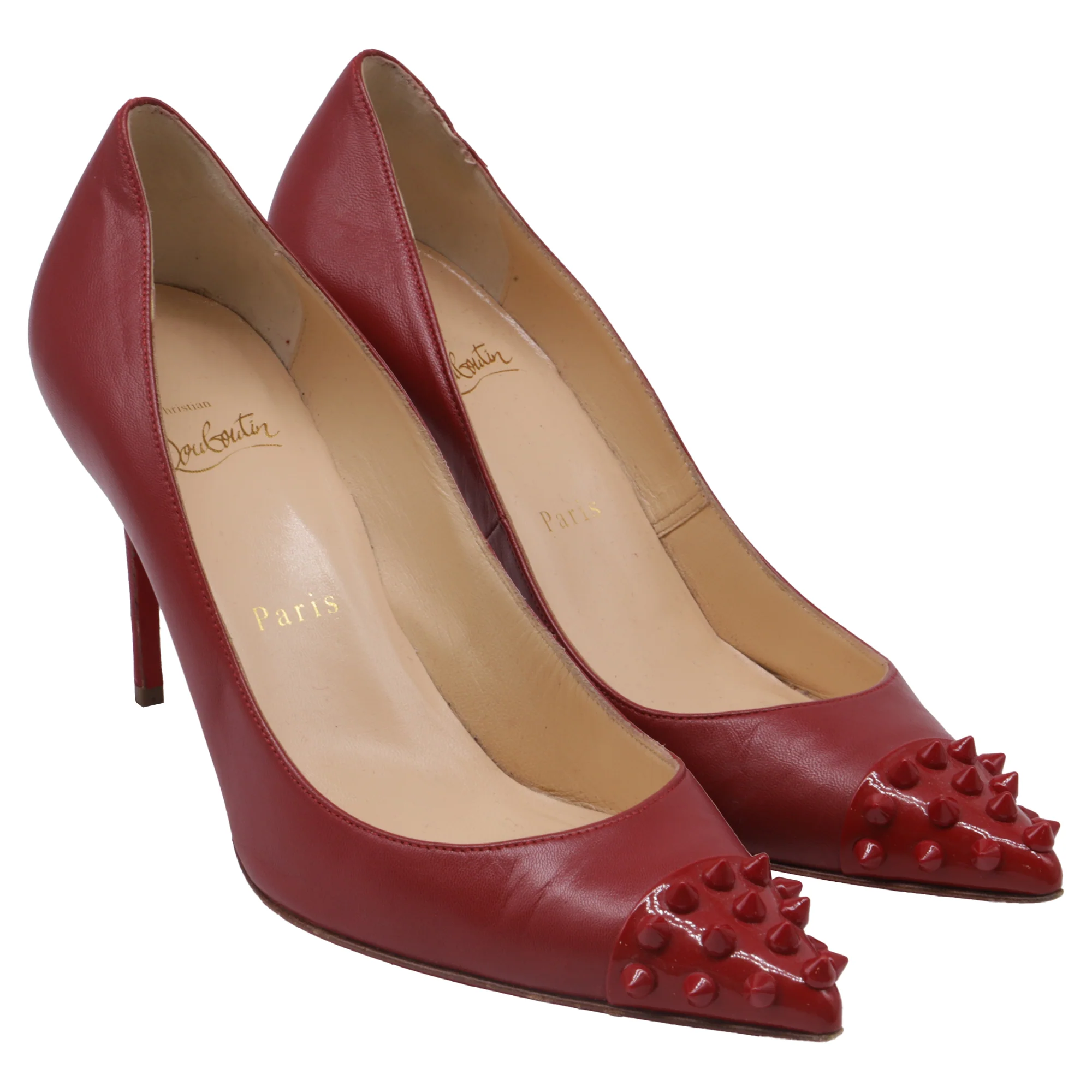 Women's Christian Louboutin Geo Spike Pumps in Burgundy Leather - Image 3