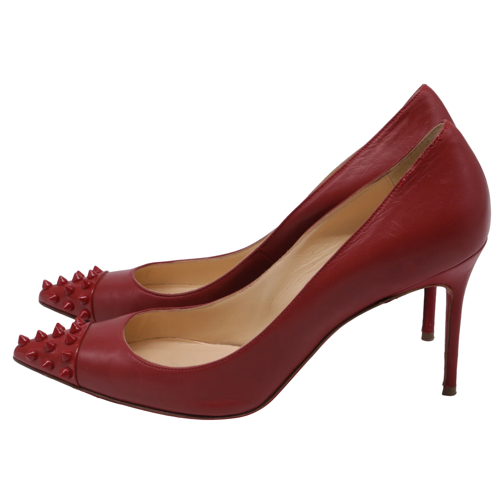 Women's Christian Louboutin Geo Spike Pumps in Burgundy Leather - Image 5