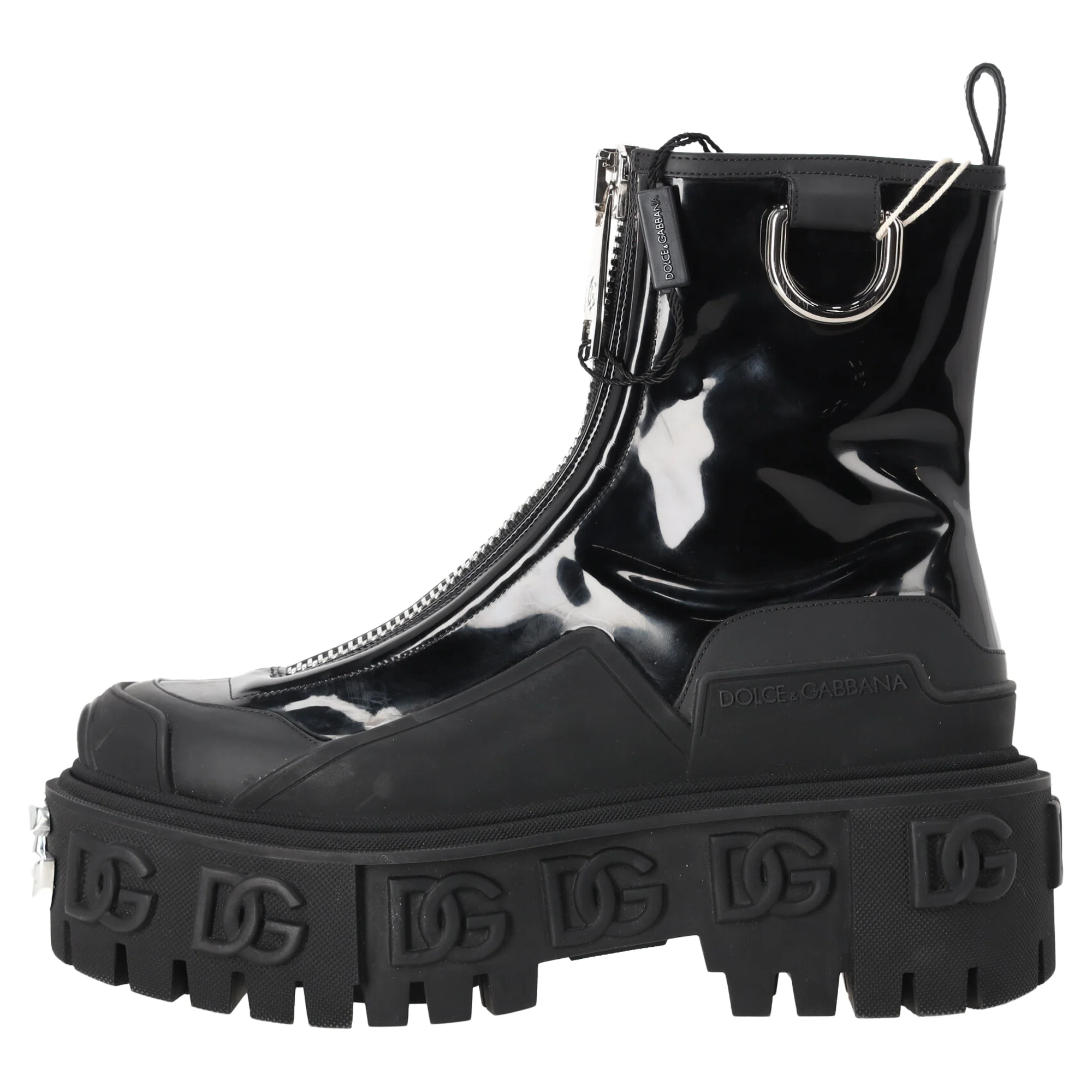Women's Dolce & Gabbana High Trekking Zip Front Ankle Boots in Black Patent Leather - Image 2