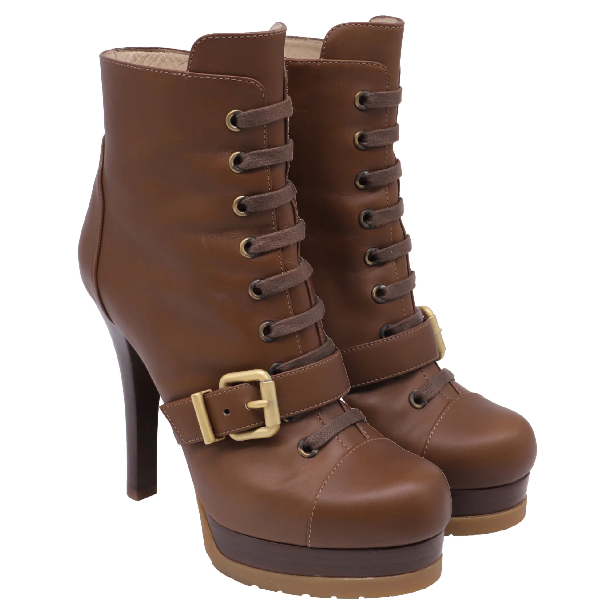 Women's Fendi Lace-Up Buckled Platform Ankle Boots in Brown Leather - Image 3