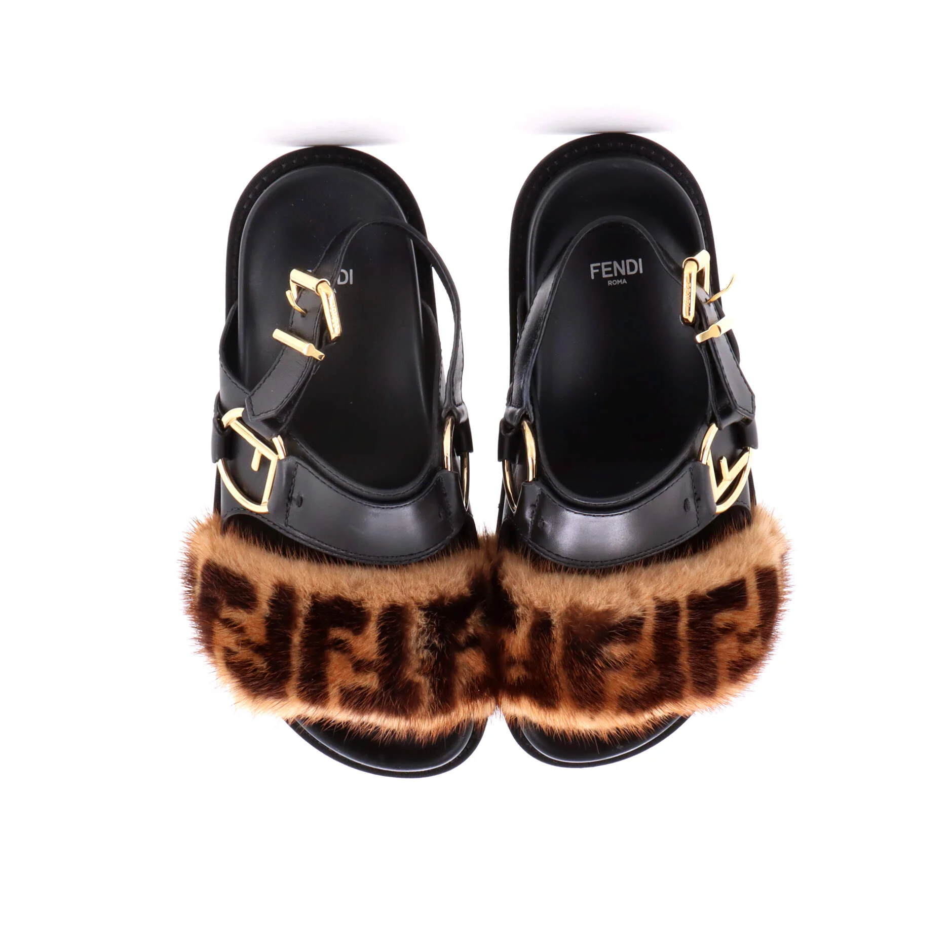 Women's FF Flat Sandals Leather with Mink Fur - Image 2