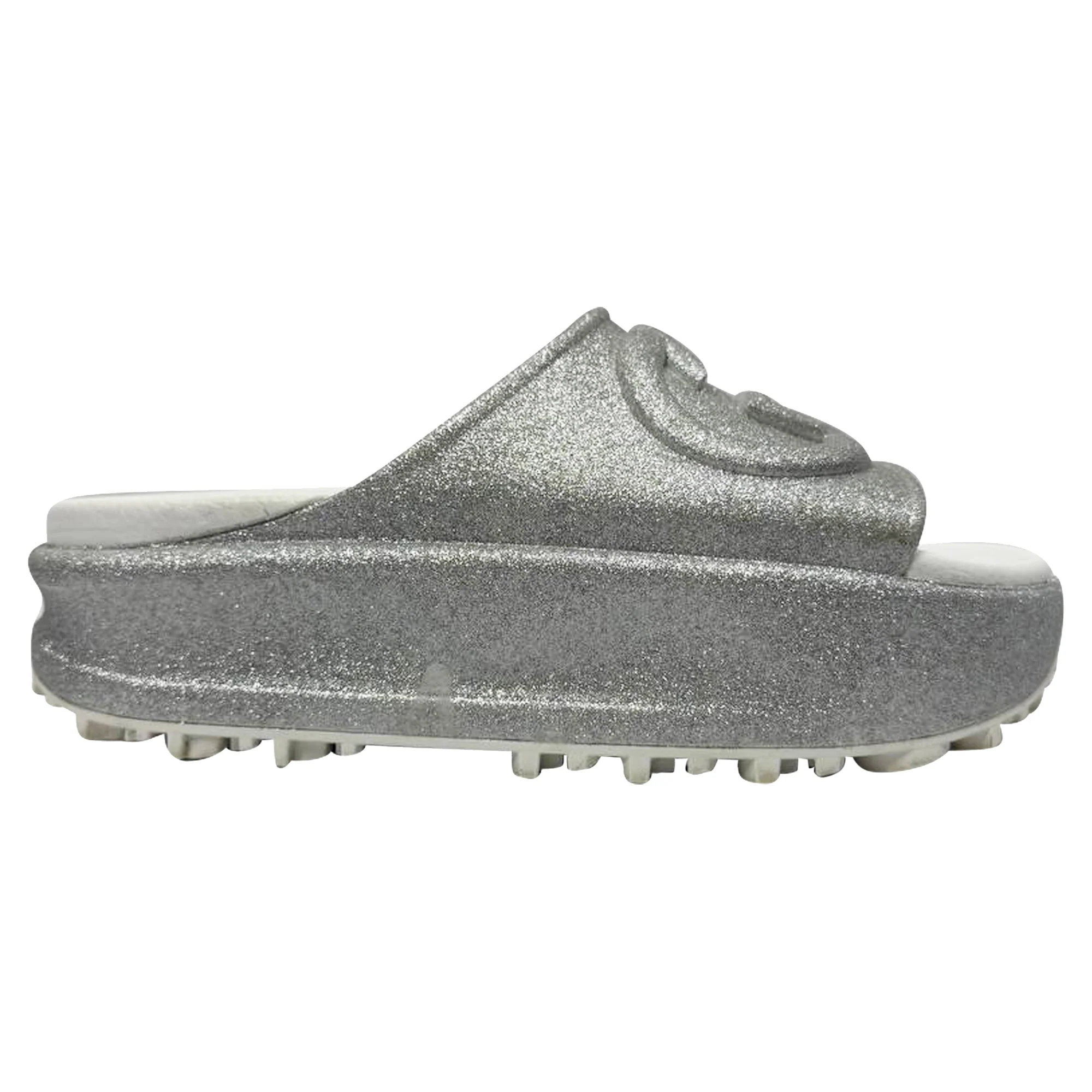 Women's Gucci GG Logo Glittered Slide Sandals in Silver Rubber