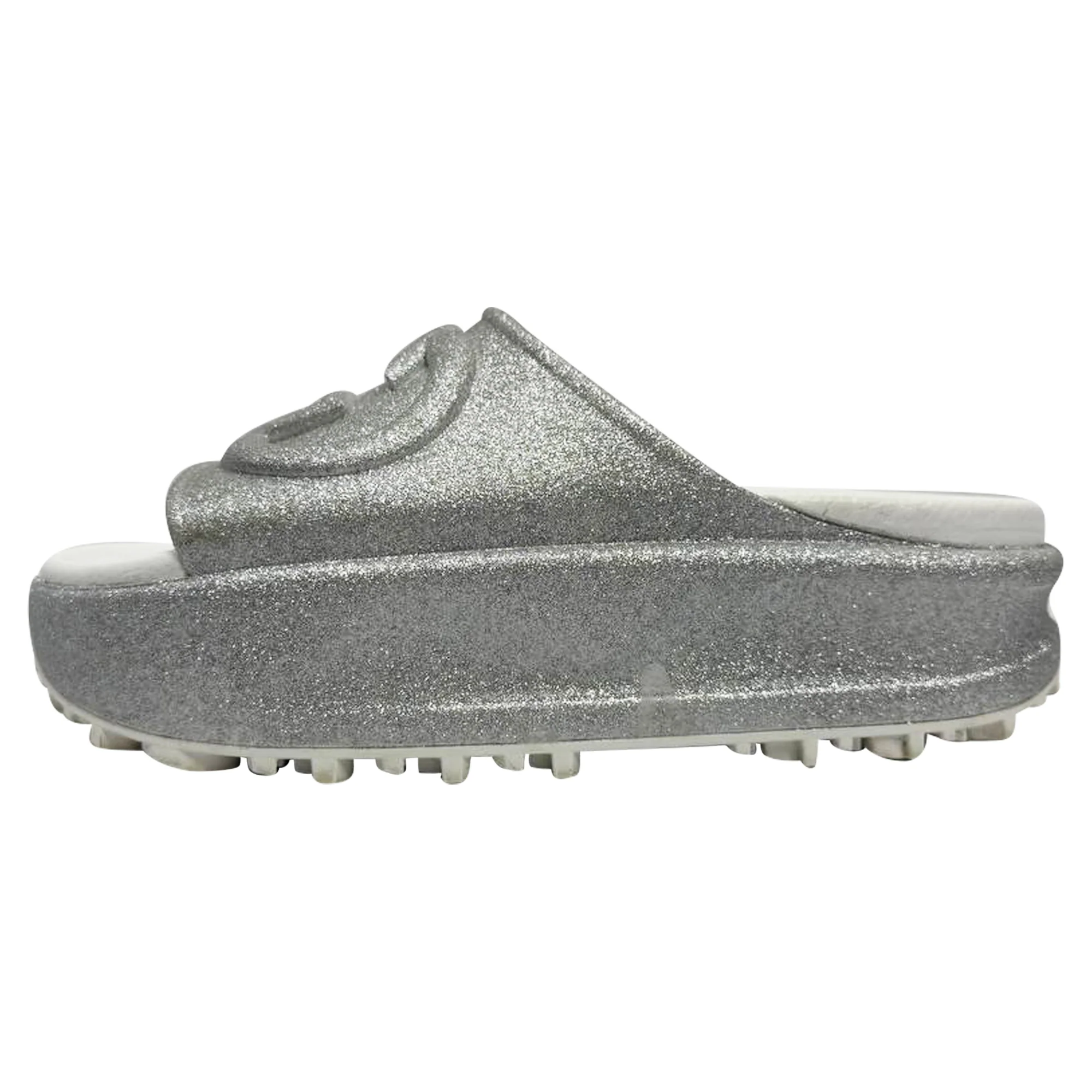 Women's Gucci GG Logo Glittered Slide Sandals in Silver Rubber - Image 4