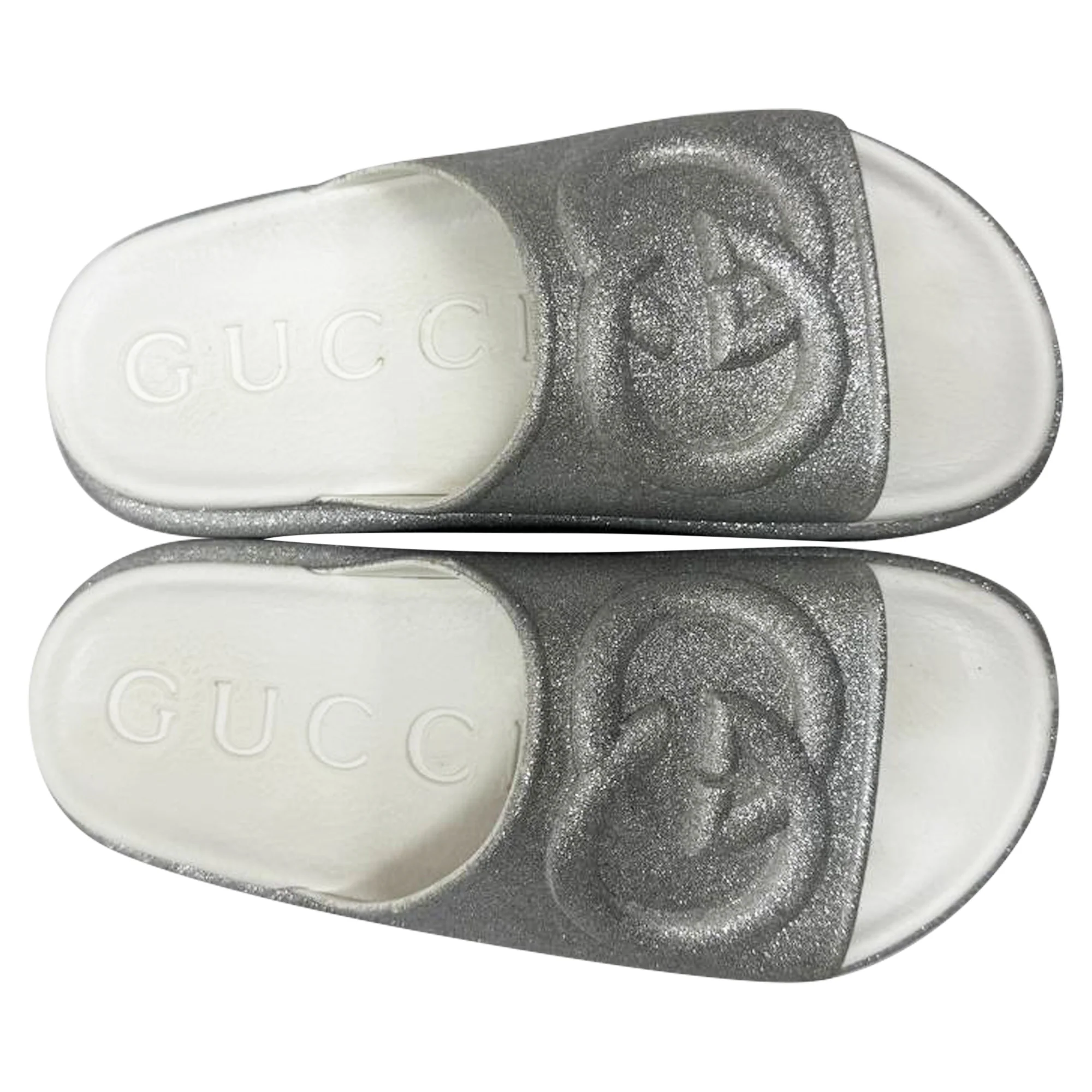 Women's Gucci GG Logo Glittered Slide Sandals in Silver Rubber - Image 7