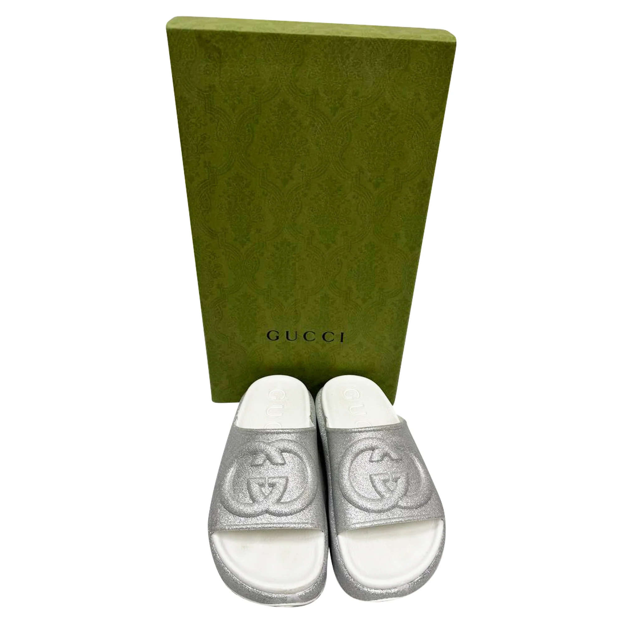 Women's Gucci GG Logo Glittered Slide Sandals in Silver Rubber - Image 9