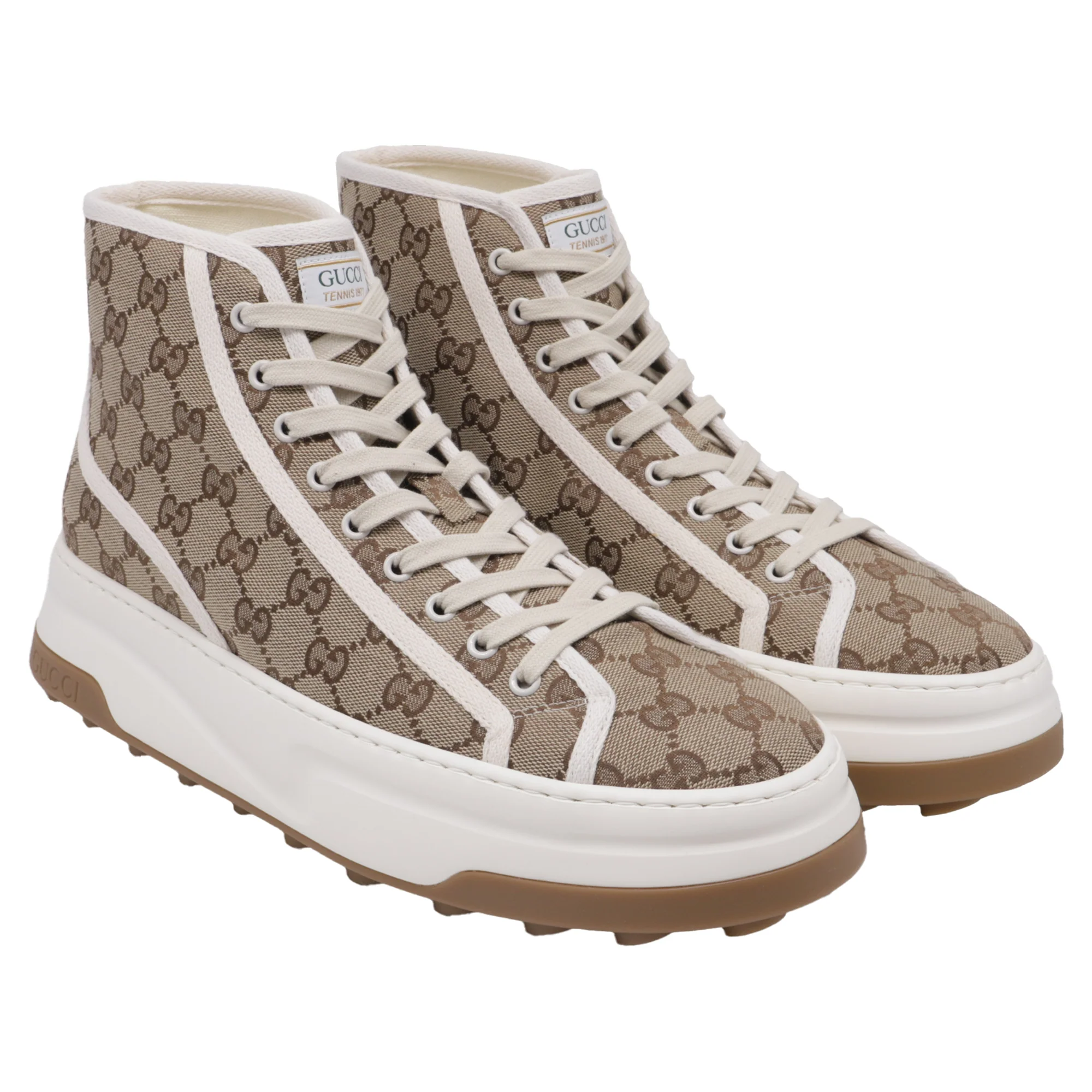 Women's Gucci GG Monogram Tennis 1977 High Top Platform Sneakers in Beige Canvas - Image 3