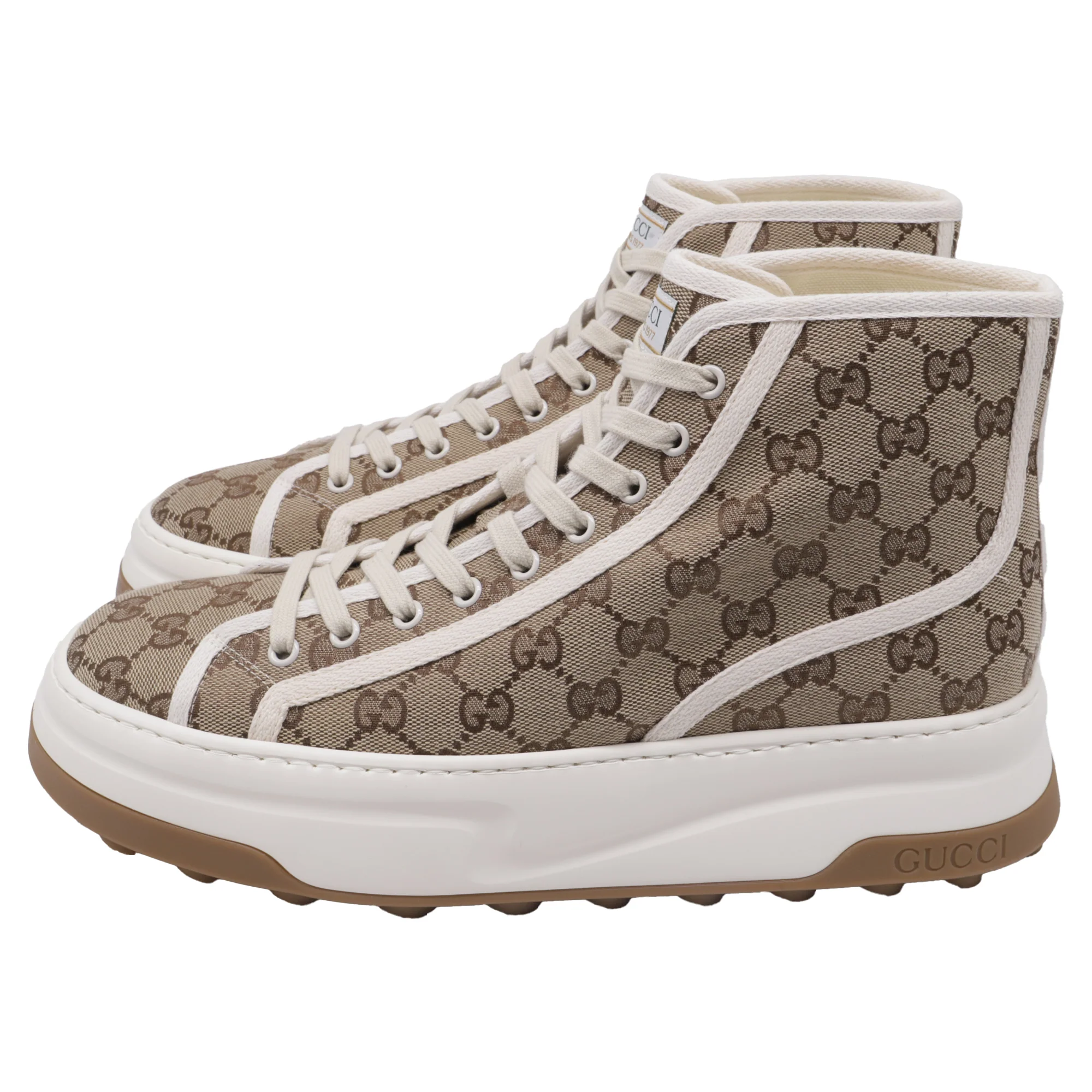 Women's Gucci GG Monogram Tennis 1977 High Top Platform Sneakers in Beige Canvas - Image 4