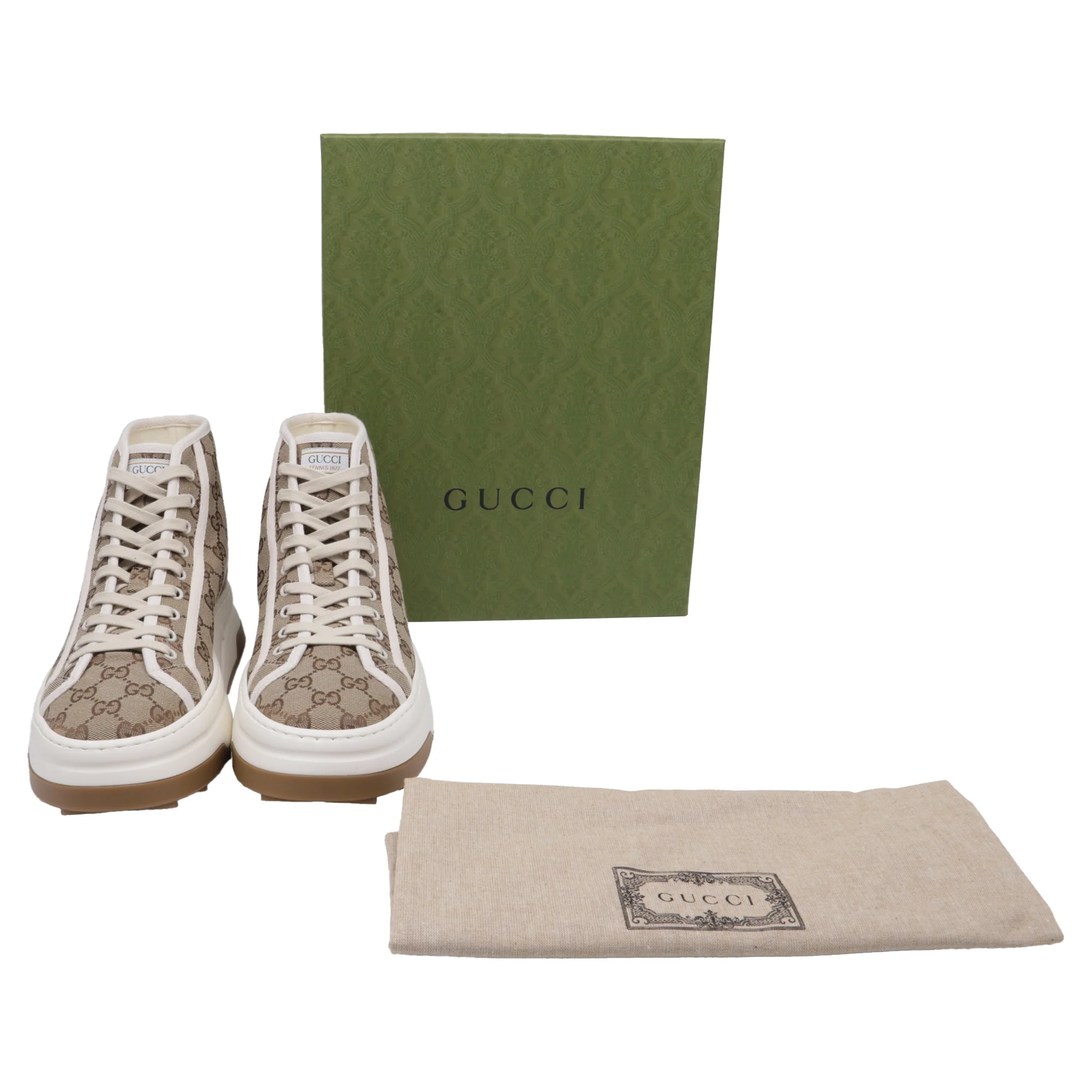 Women's Gucci GG Monogram Tennis 1977 High Top Platform Sneakers in Beige Canvas - Image 8
