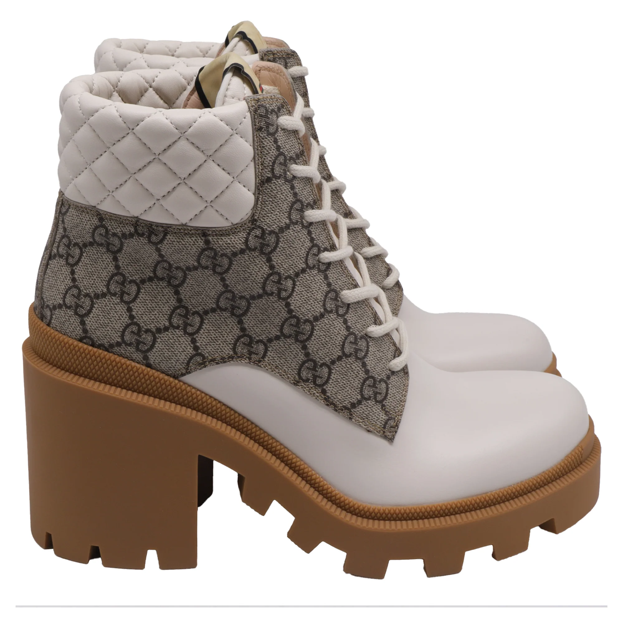 Women's Gucci GG Quilted Platform GG Canvas Lug Sole Ankle Boots in White Leather