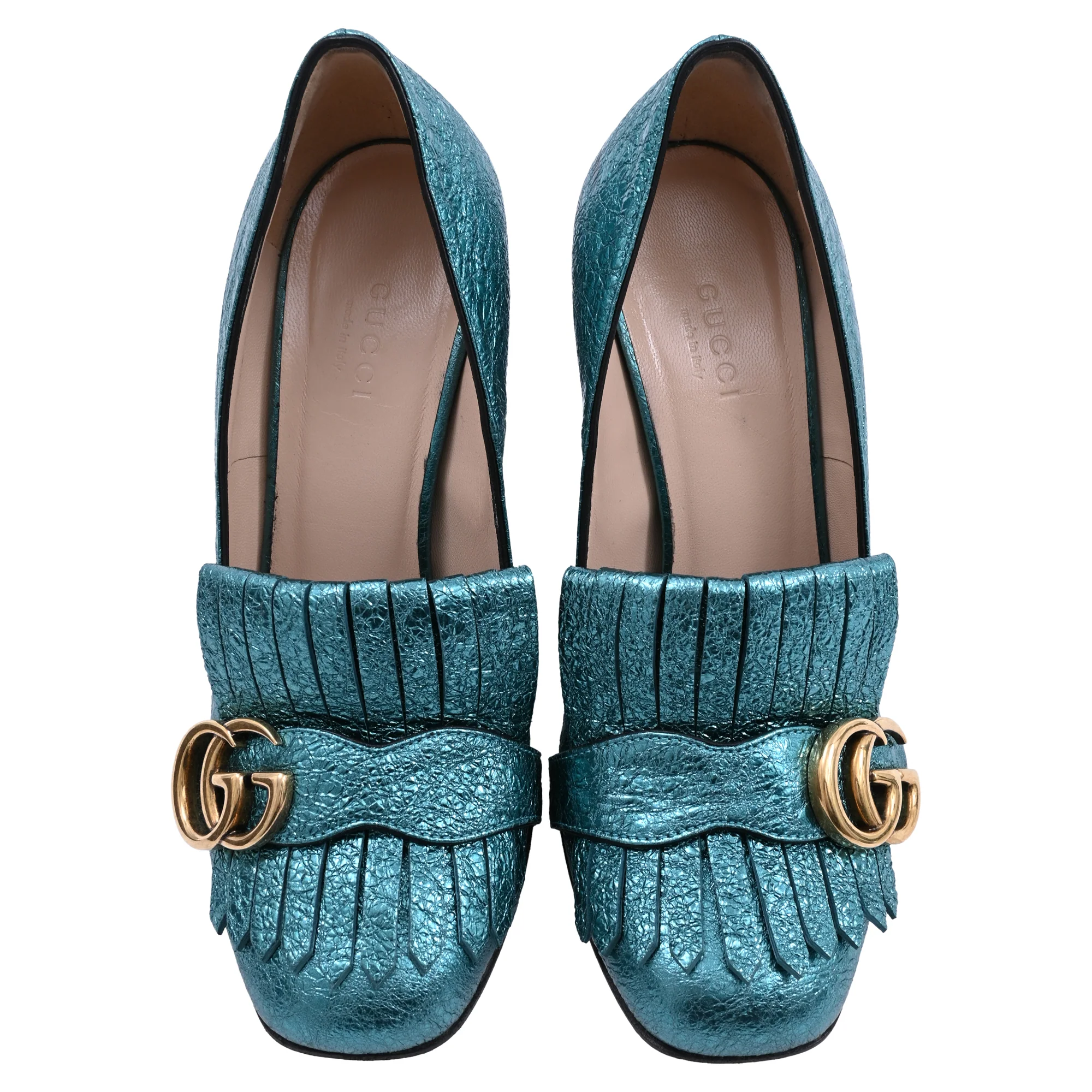 Women's Gucci Mimosa Marmont Heel Loafers in Turquoise Textured Leather - Image 5