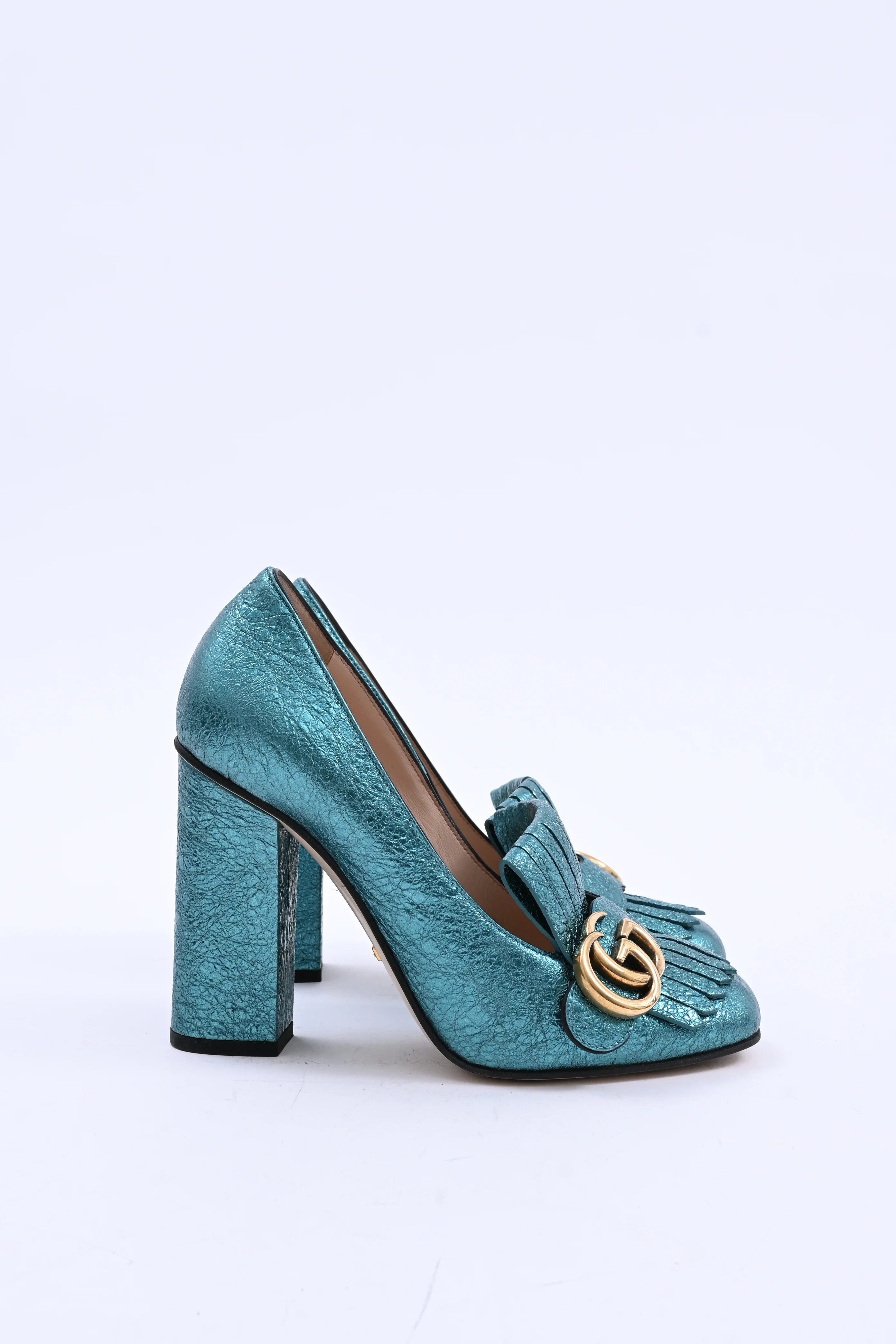Women's Gucci Mimosa Marmont Heel Loafers in Turquoise Textured Leather - Image 8