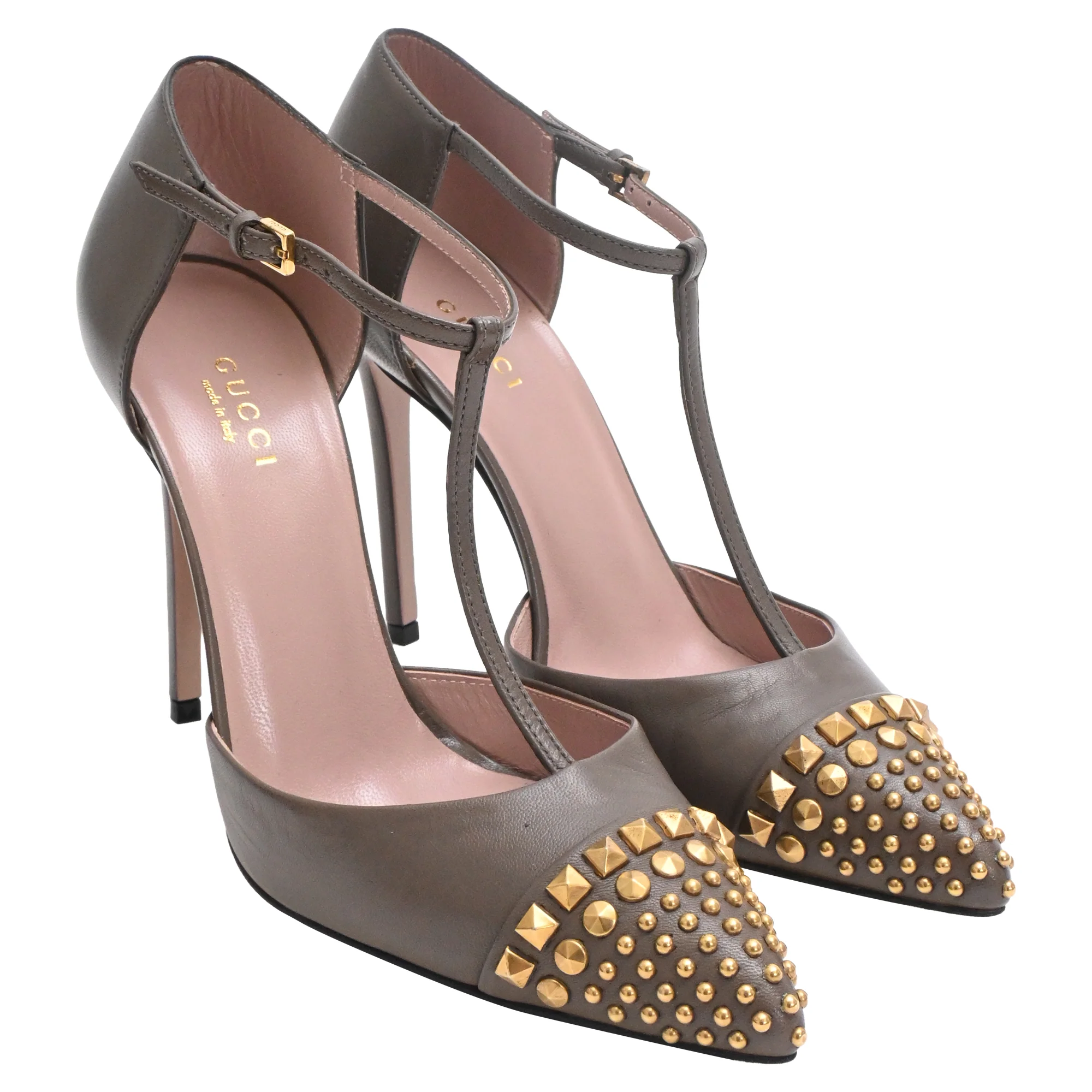 Women's Gucci Studded Coline T-Strap Pumps in Brown Leather - Image 4