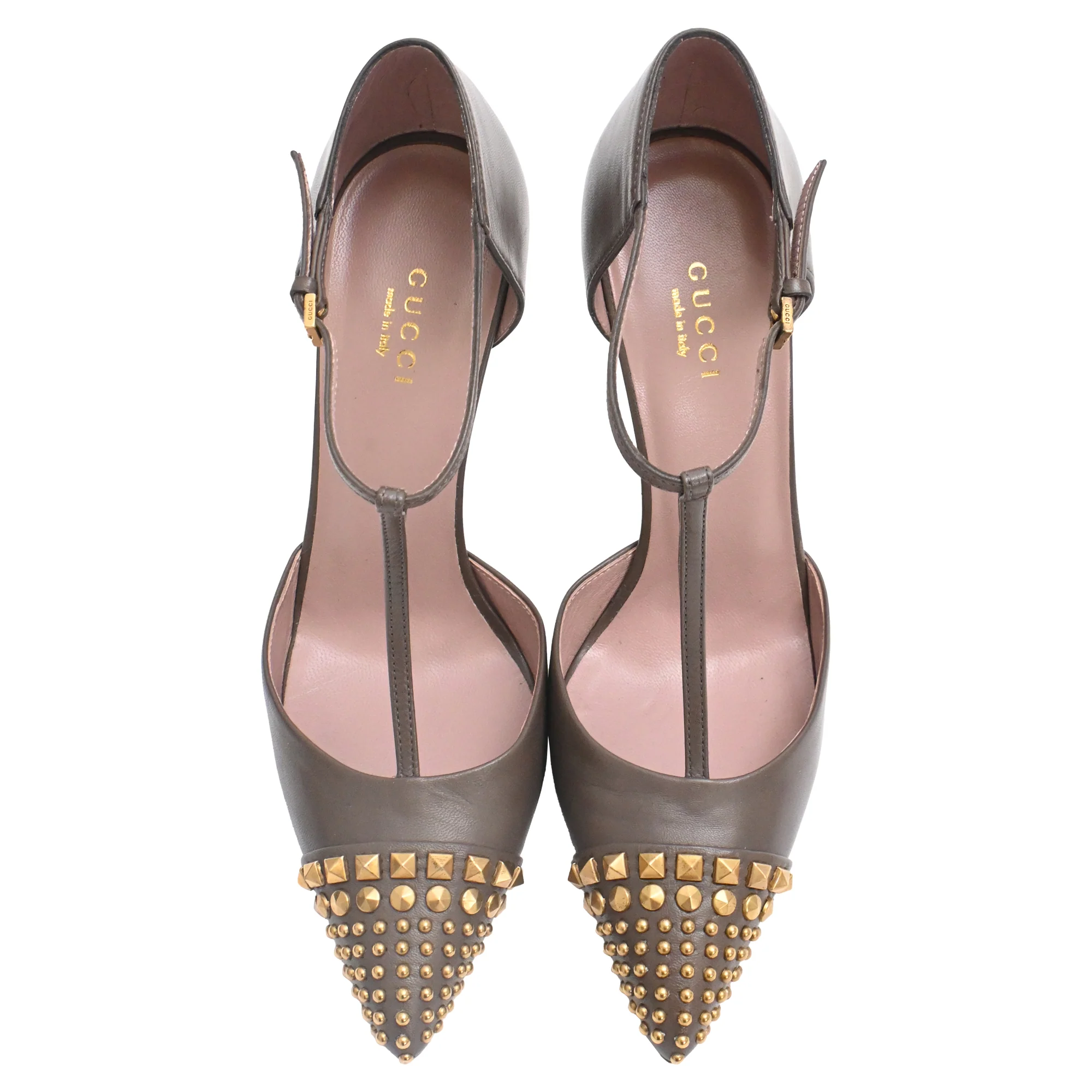 Women's Gucci Studded Coline T-Strap Pumps in Brown Leather - Image 5