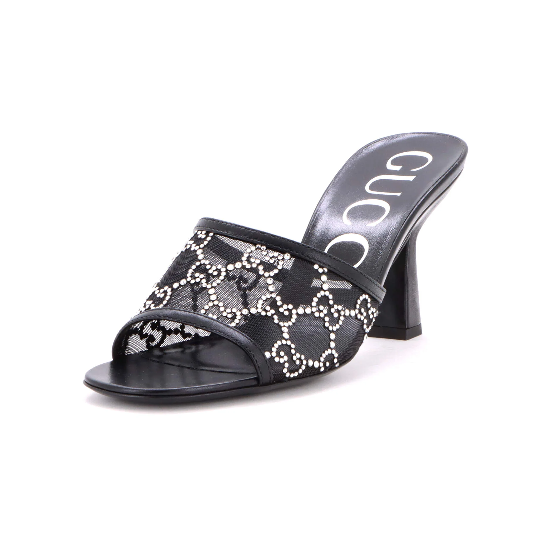 Women's Heeled Mule Sandals Crystal GG Embellished Mesh