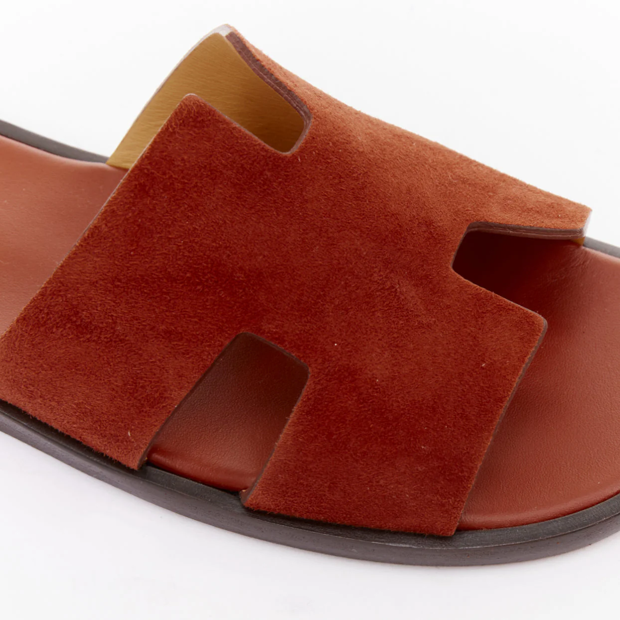 Men's HERMES Izmir brown suede goatskin leather H cut out flat sandals EU41 - Image 7