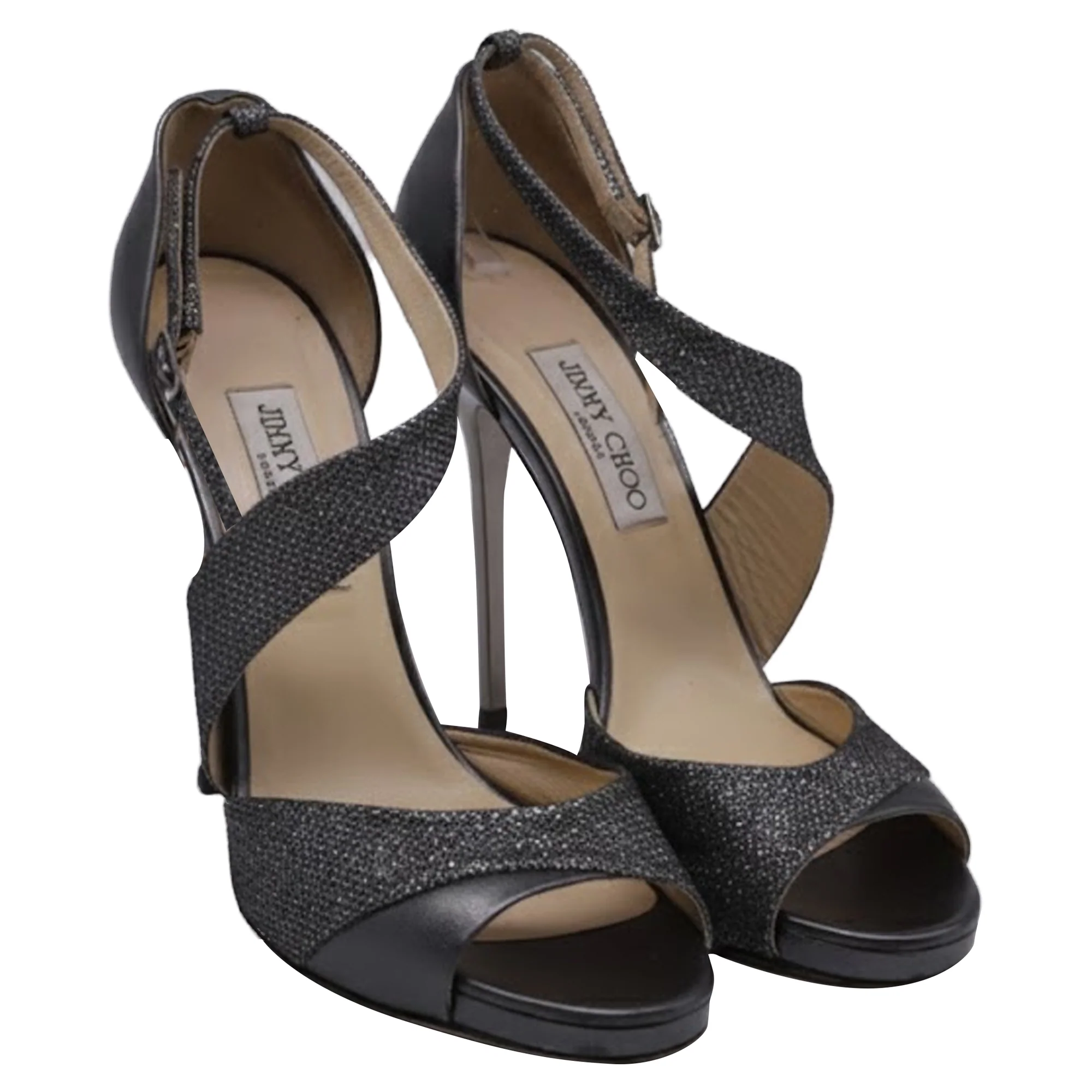 Women's Jimmy Choo Tyne Glittered Sandal Heels in Grey Leather - Image 3