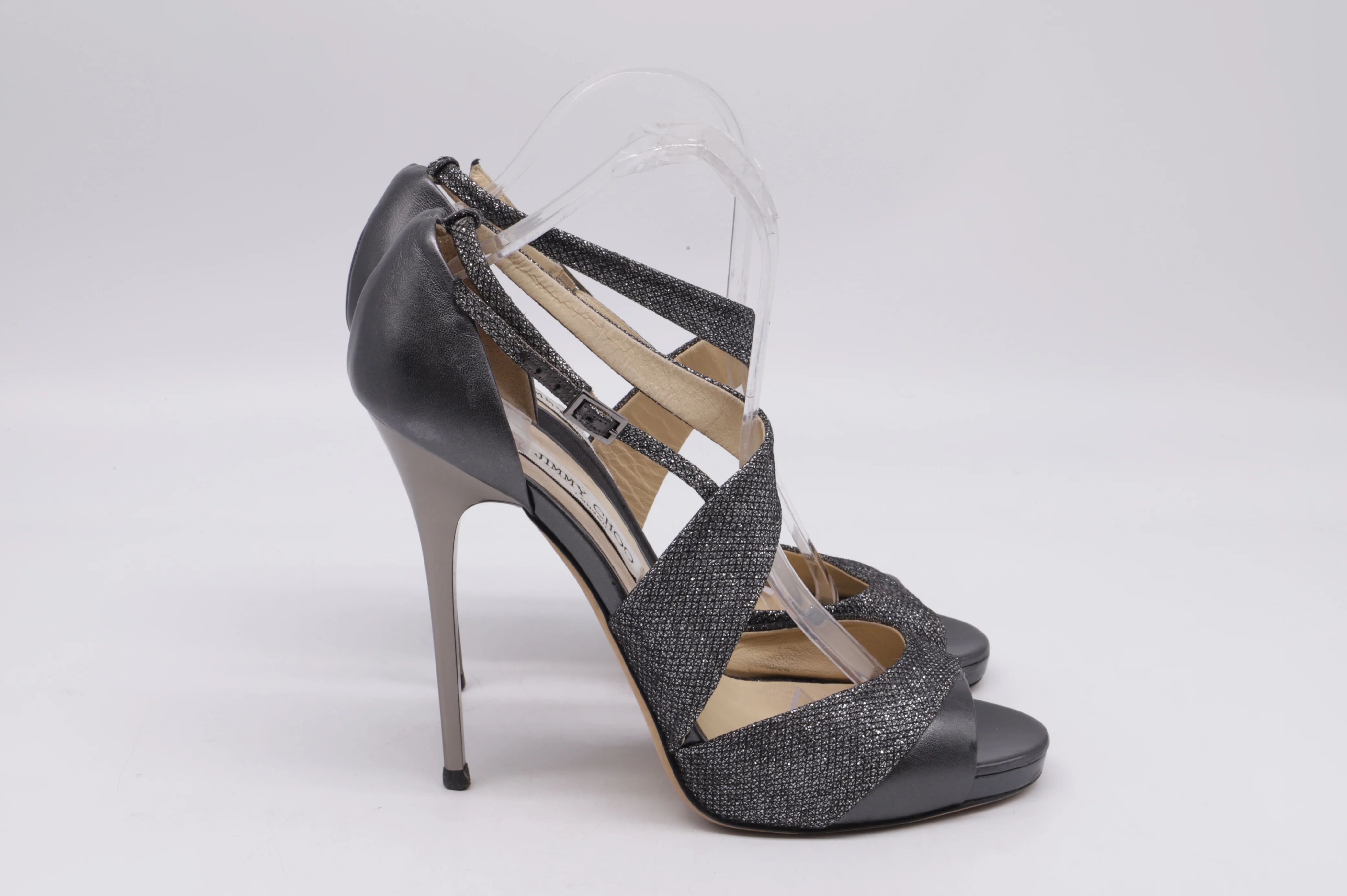 Women's Jimmy Choo Tyne Glittered Sandal Heels in Grey Leather - Image 9