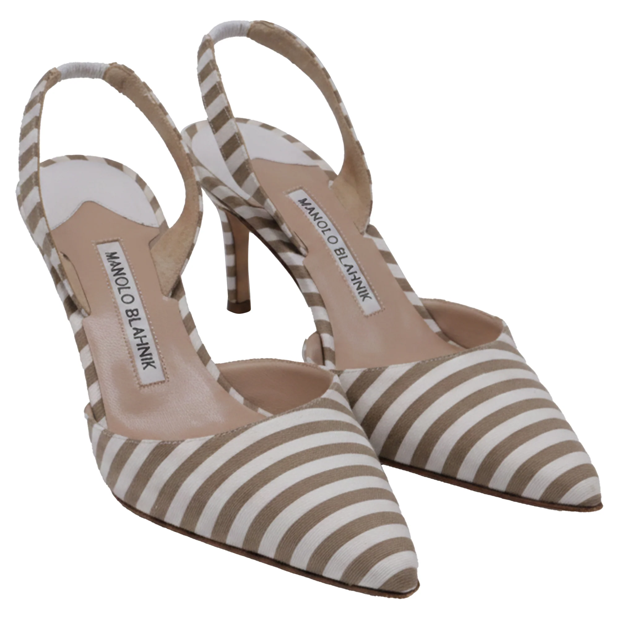 Women's Manolo Blahnik Carolyne Pointy Toe Slingback Pumps in Beige Canvas - Image 3