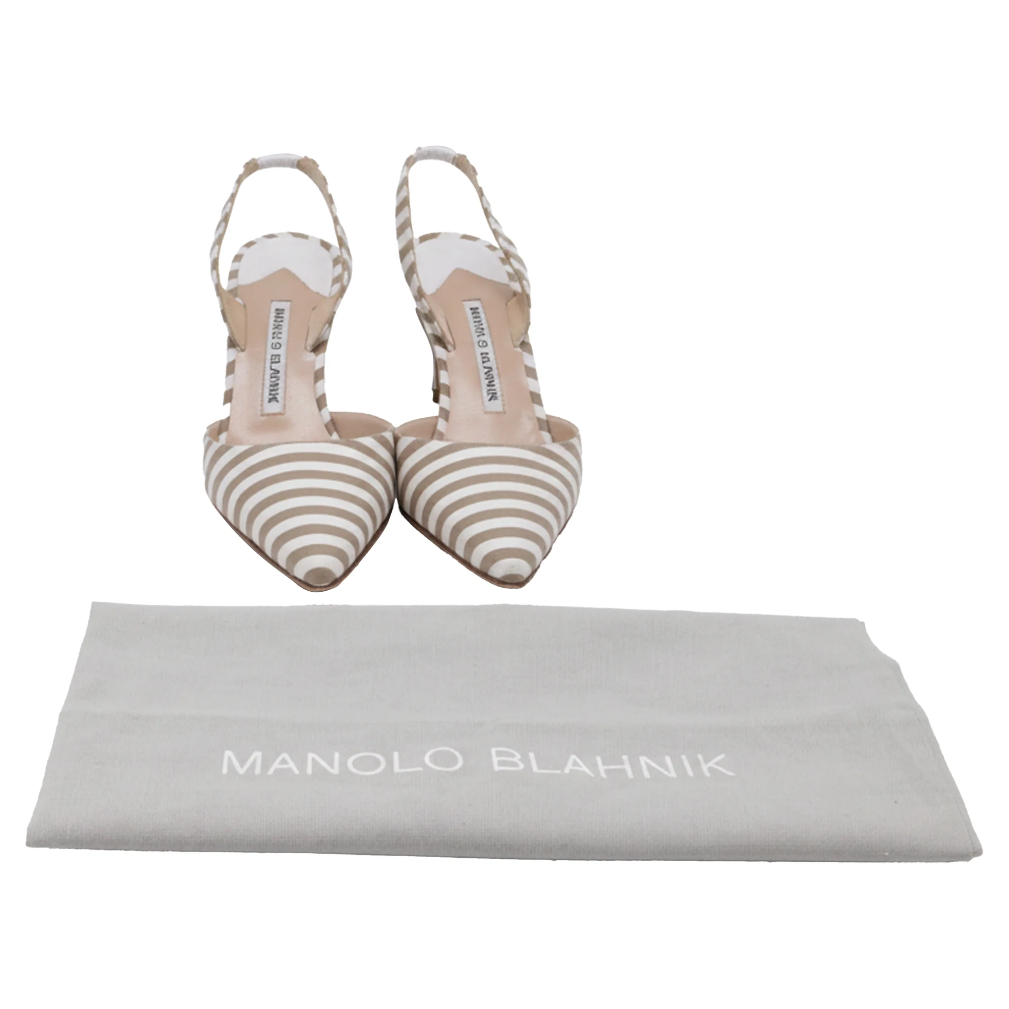 Women's Manolo Blahnik Carolyne Pointy Toe Slingback Pumps in Beige Canvas - Image 9
